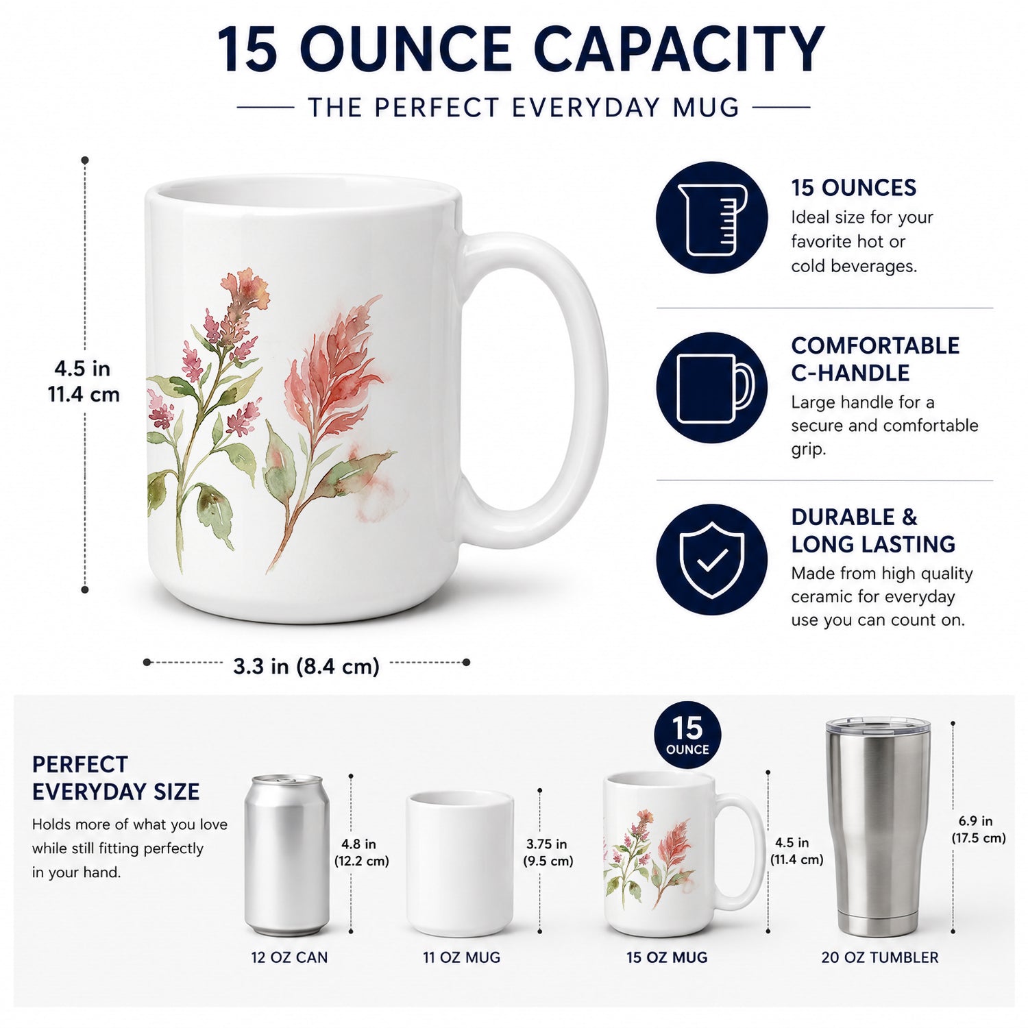 Celosia Ceramic Coffee Mug 15 oz Decorative Large C Handle Mug Cup for Tea, Cocoa Hot Chocolate