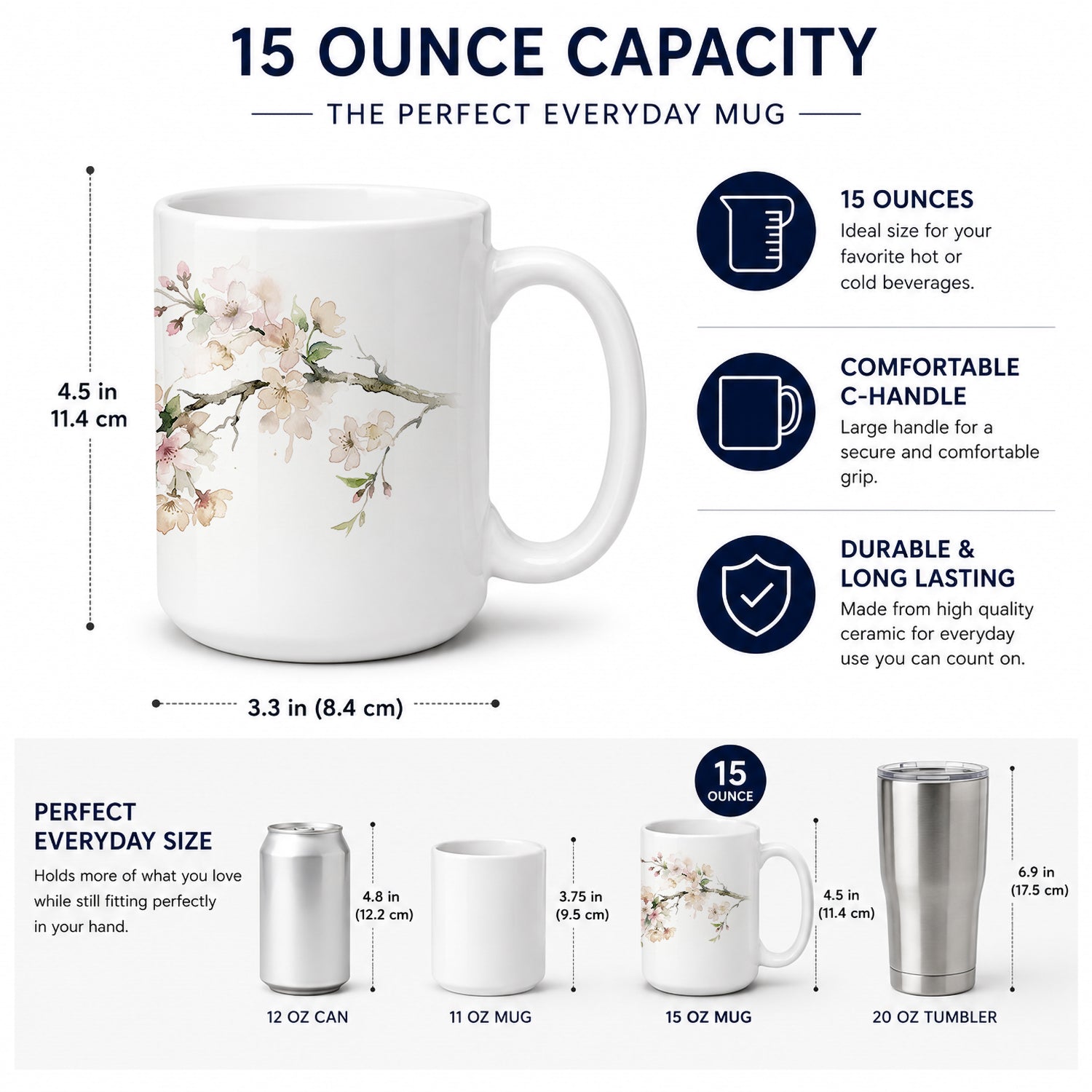 Cherry Blossom Ceramic Coffee Mug 15 oz Decorative Large C Handle Mug Cup for Tea, Cocoa Hot Chocolate