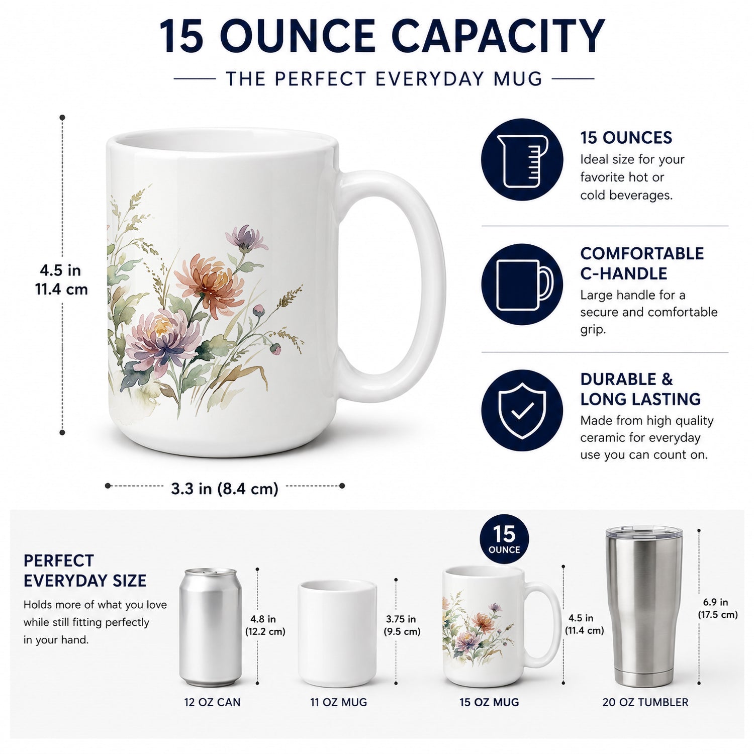 Chrysanthemums Ceramic Coffee Mug 15 oz Decorative Large C Handle Mug Cup for Tea, Cocoa Hot Chocolate