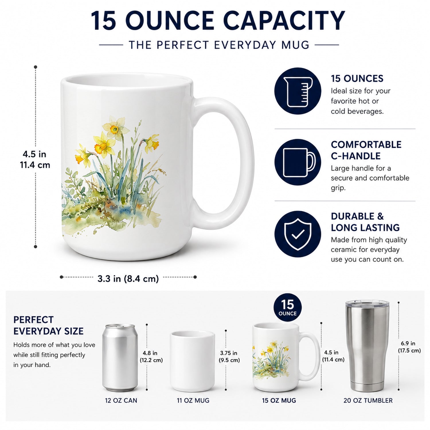 Daffodils Ceramic Coffee Mug 15 oz Decorative Large C Handle Mug Cup for Tea, Cocoa Hot Chocolate