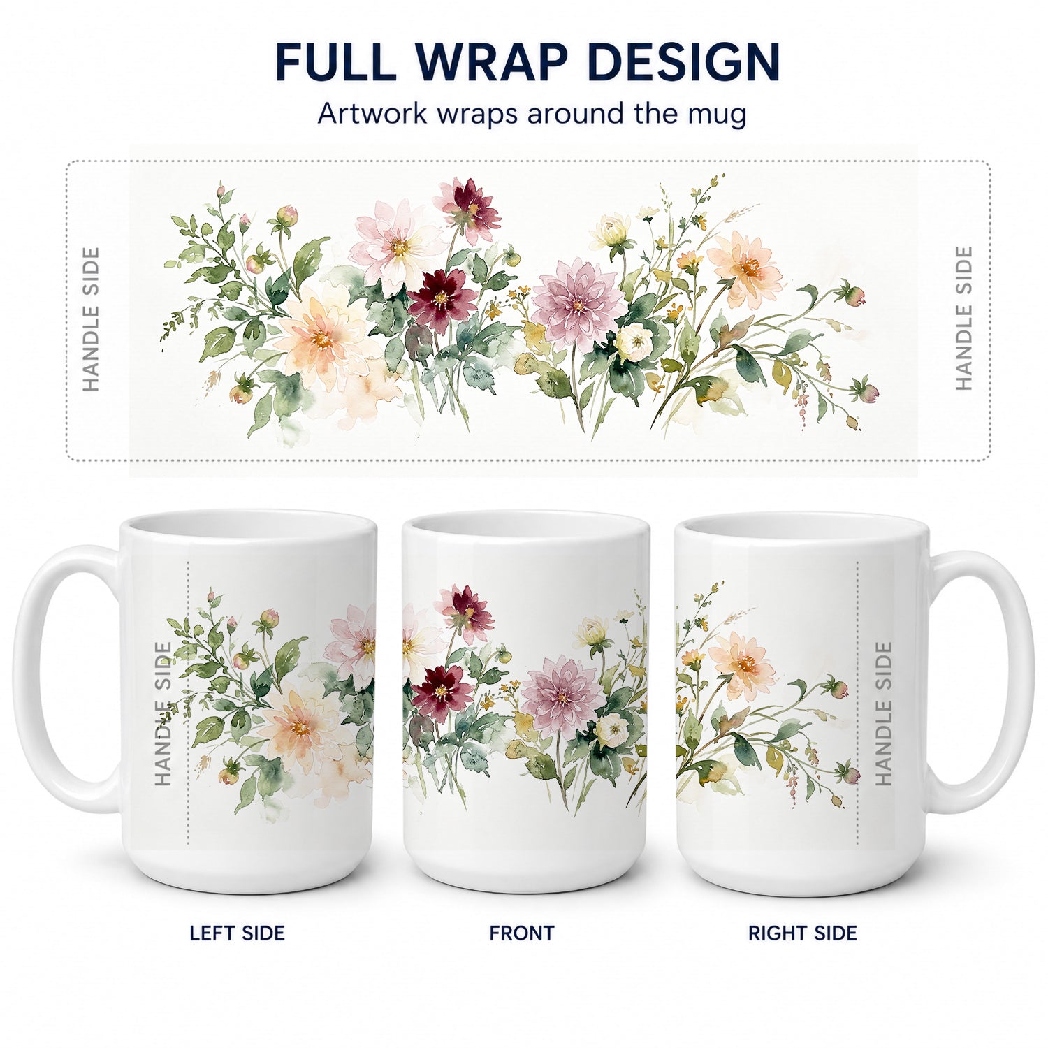 Dahlias Ceramic Coffee Mug 15 oz Decorative Large C Handle Mug Cup for Tea, Cocoa Hot Chocolate
