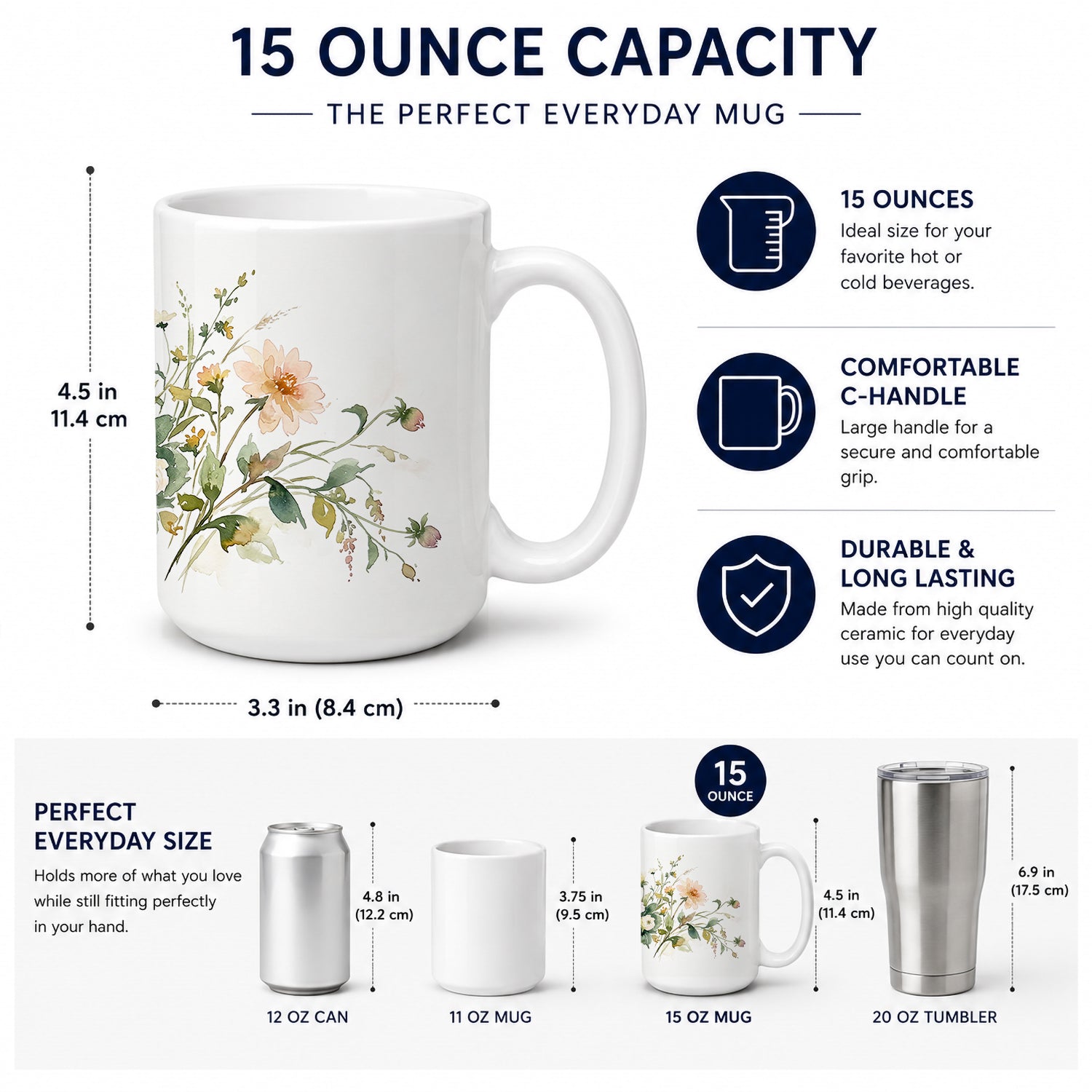 Dahlias Ceramic Coffee Mug 15 oz Decorative Large C Handle Mug Cup for Tea, Cocoa Hot Chocolate