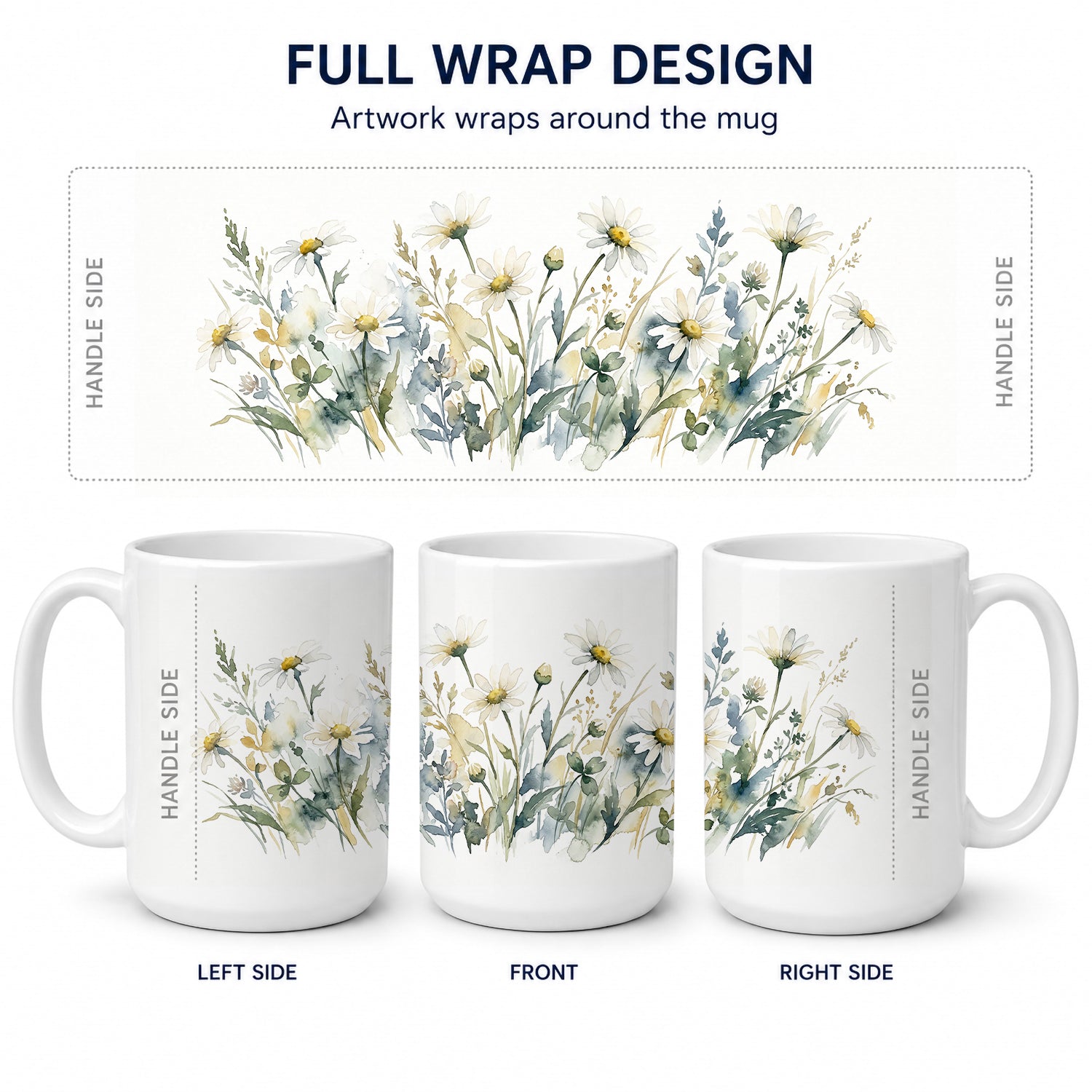 Daisies Ceramic Coffee Mug 15 oz Decorative Large C Handle Mug Cup for Tea, Cocoa Hot Chocolate