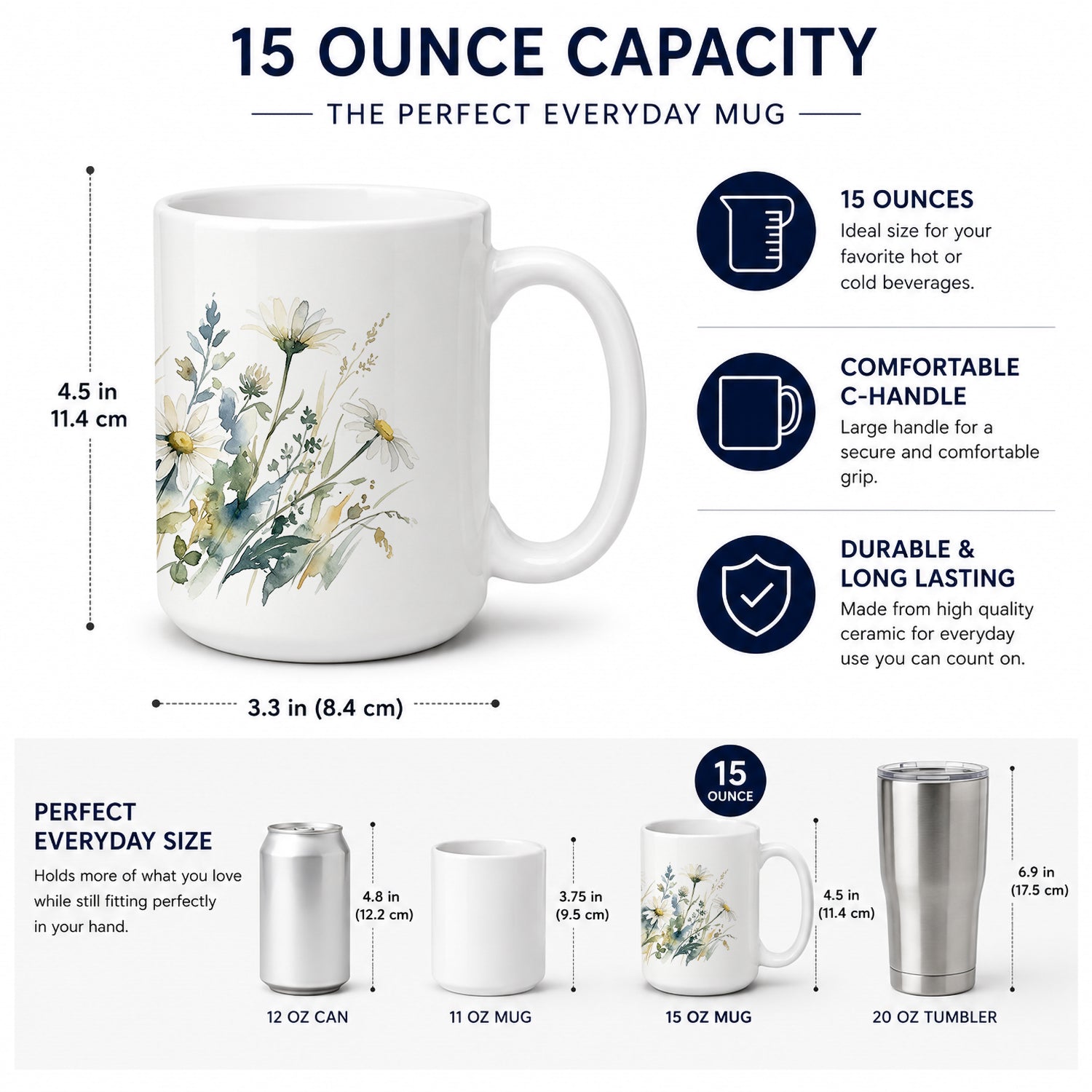 Daisies Ceramic Coffee Mug 15 oz Decorative Large C Handle Mug Cup for Tea, Cocoa Hot Chocolate