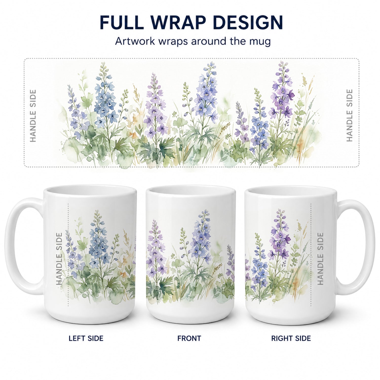 Delphinium Ceramic Coffee Mug 15 oz Decorative Large C Handle Mug Cup for Tea, Cocoa Hot Chocolate