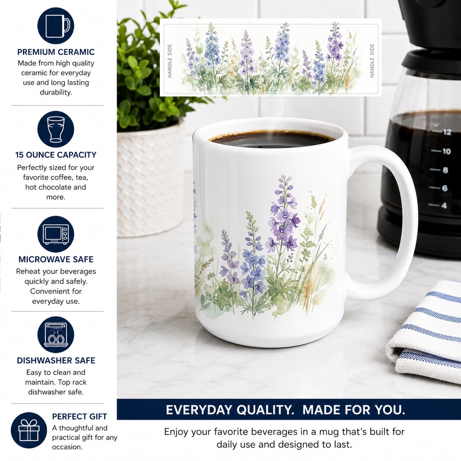 Delphinium Ceramic Coffee Mug 15 oz Decorative Large C Handle Mug Cup for Tea, Cocoa Hot Chocolate
