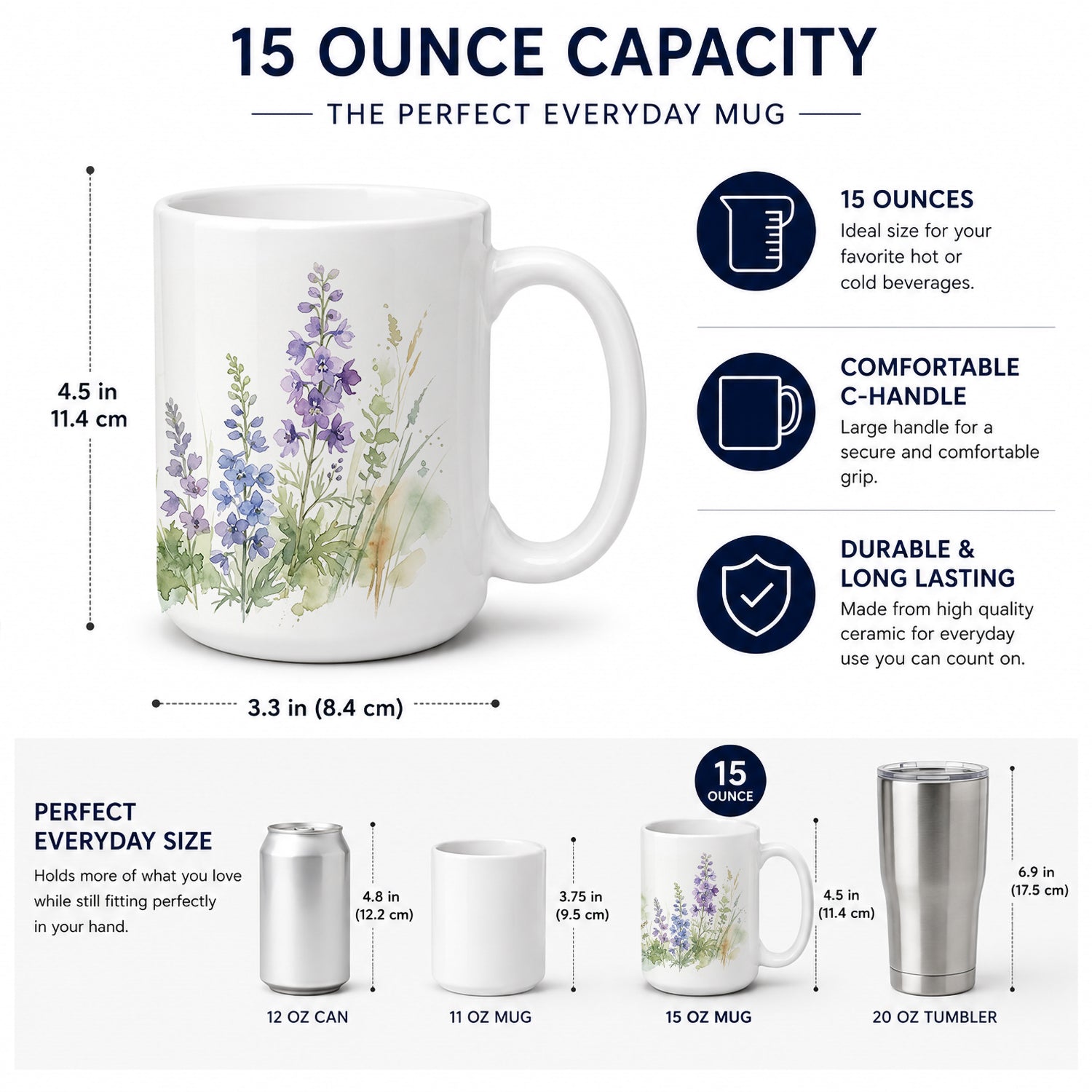 Delphinium Ceramic Coffee Mug 15 oz Decorative Large C Handle Mug Cup for Tea, Cocoa Hot Chocolate