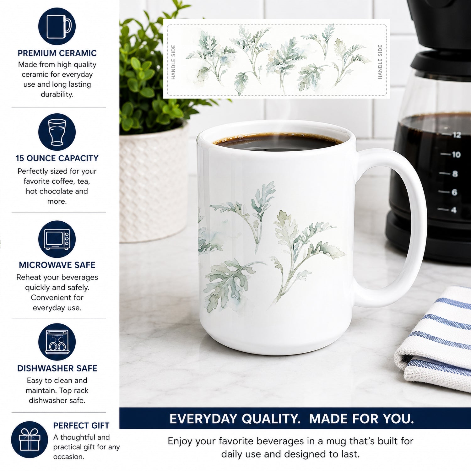 Dusty Miller Ceramic Coffee Mug 15 oz Decorative Large C Handle Mug Cup for Tea, Cocoa Hot Chocolate