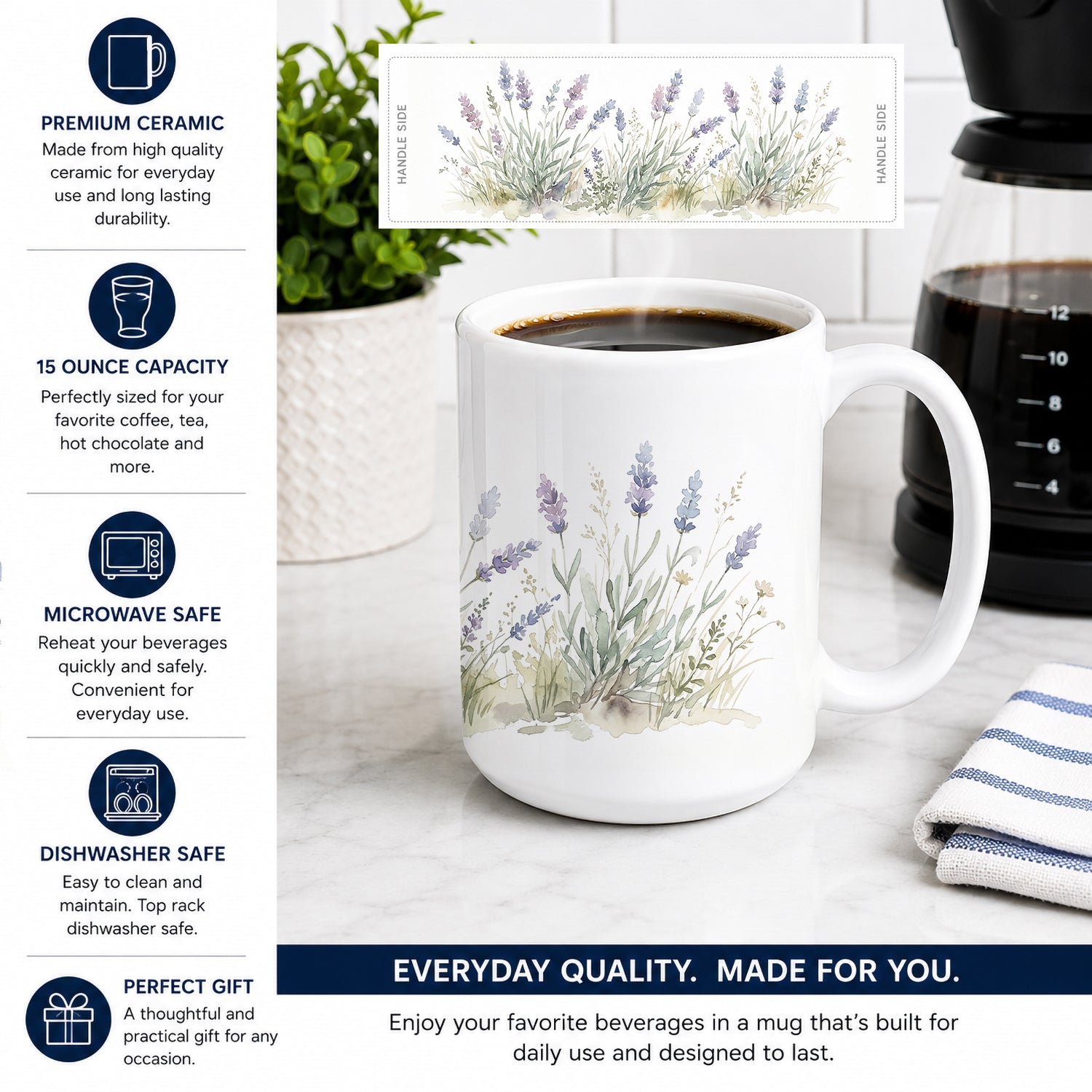 English Lavender Ceramic Coffee Mug 15 oz Decorative Large C Handle Mug Cup for Tea, Cocoa Hot Chocolate