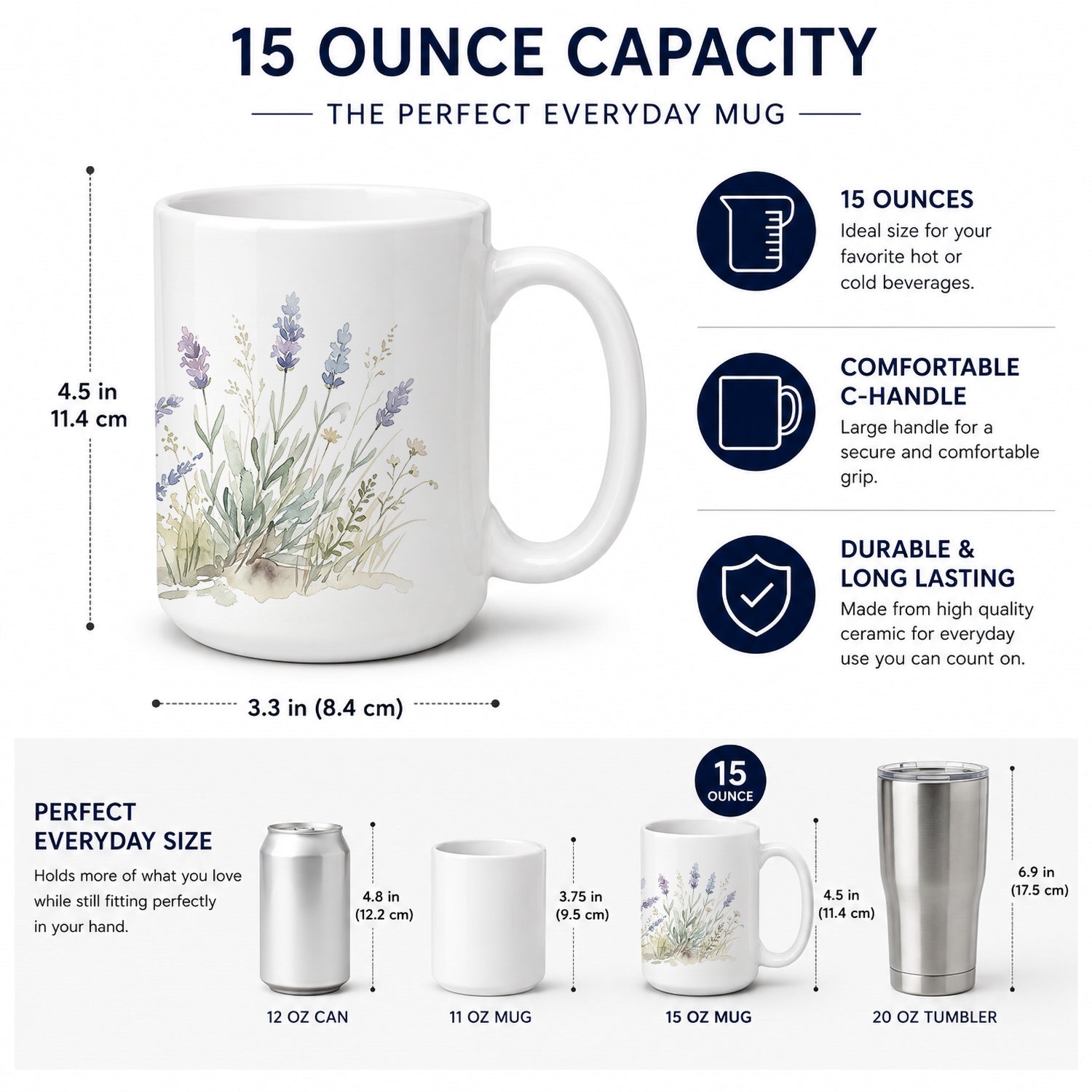 English Lavender Ceramic Coffee Mug 15 oz Decorative Large C Handle Mug Cup for Tea, Cocoa Hot Chocolate
