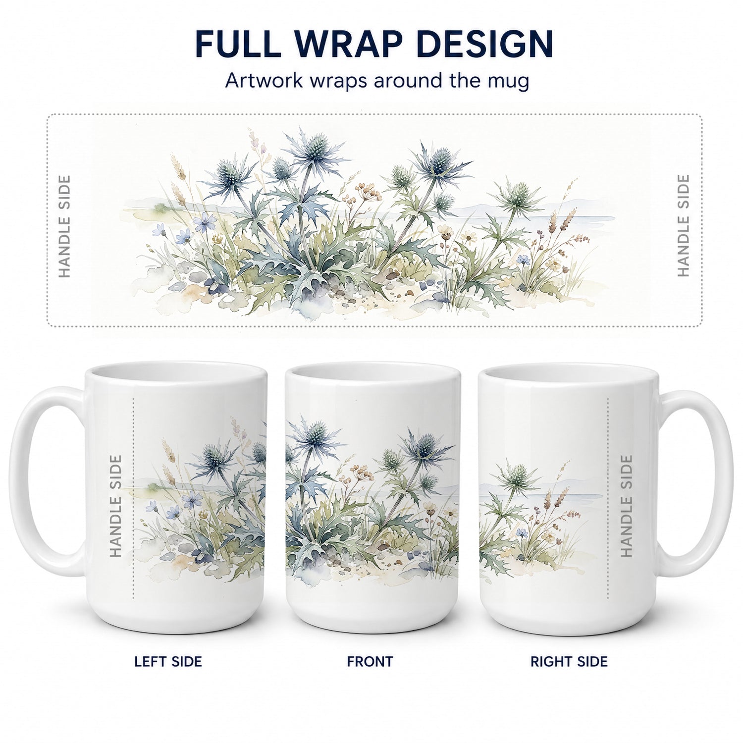 Eryngium Ceramic Coffee Mug 15 oz Decorative Large C Handle Mug Cup for Tea, Cocoa Hot Chocolate