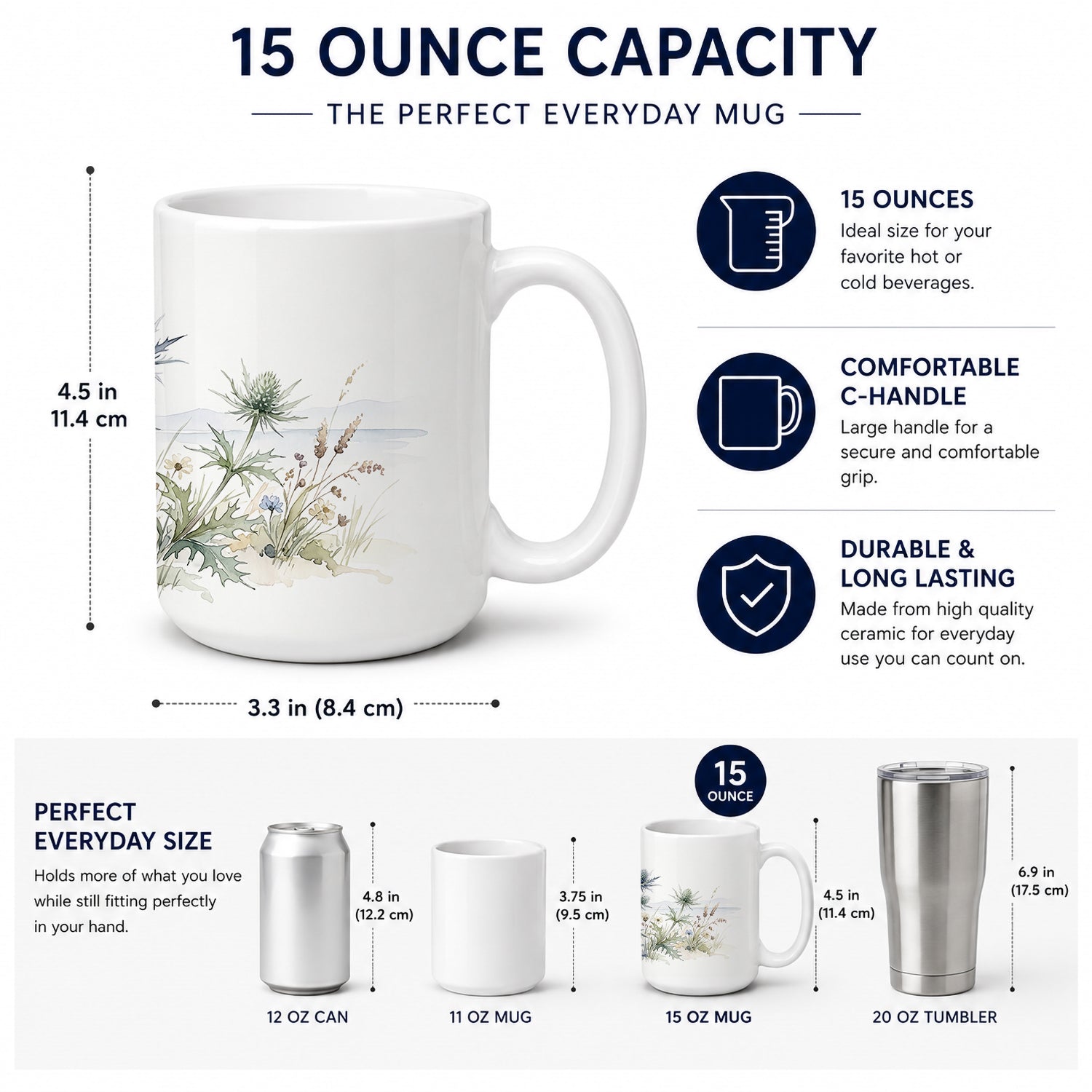 Eryngium Ceramic Coffee Mug 15 oz Decorative Large C Handle Mug Cup for Tea, Cocoa Hot Chocolate