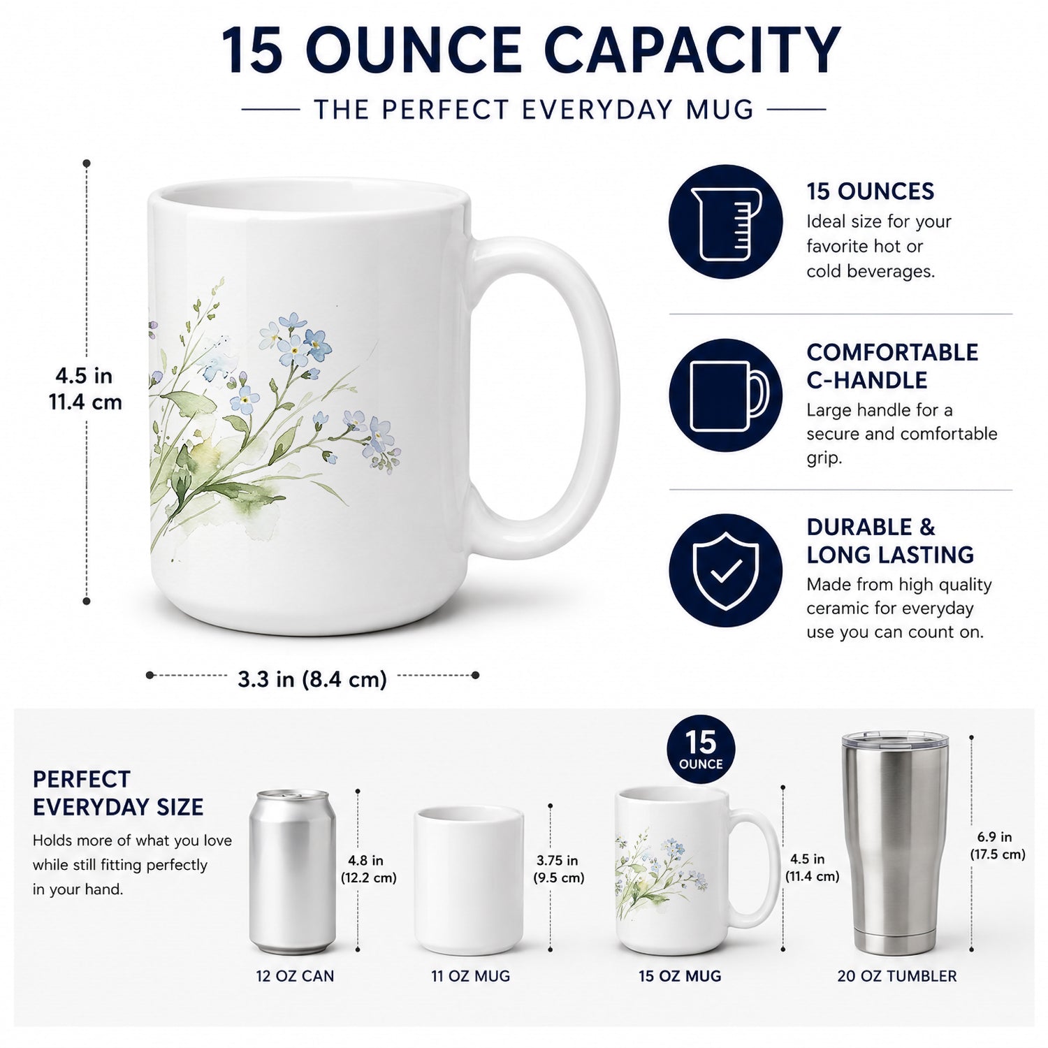 Forget-me-nots Ceramic Coffee Mug 15 oz Decorative Large C Handle Mug Cup for Tea, Cocoa Hot Chocolate