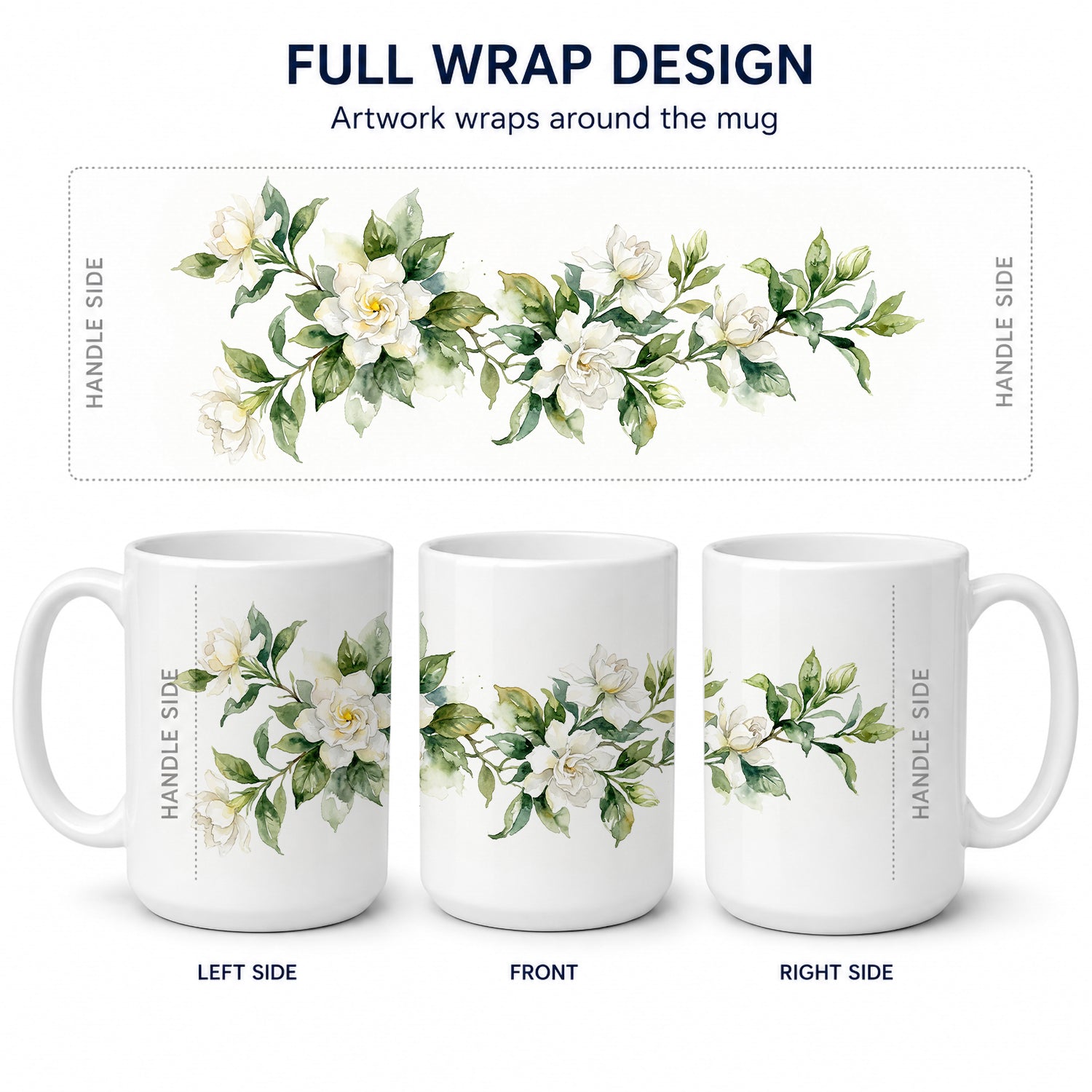 Gardenias Ceramic Coffee Mug 15 oz Decorative Large C Handle Mug Cup for Tea, Cocoa Hot Chocolate