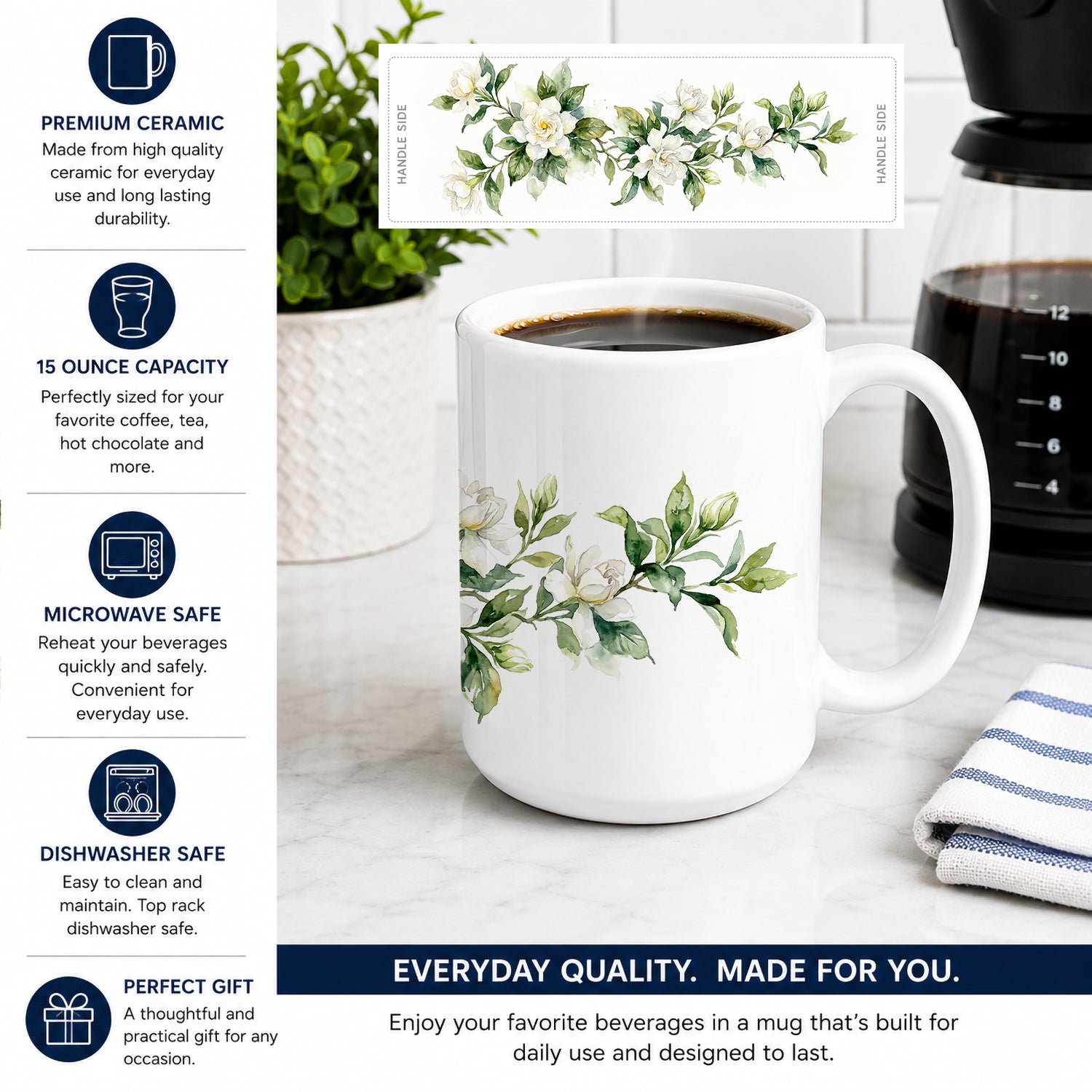 Gardenias Ceramic Coffee Mug 15 oz Decorative Large C Handle Mug Cup for Tea, Cocoa Hot Chocolate