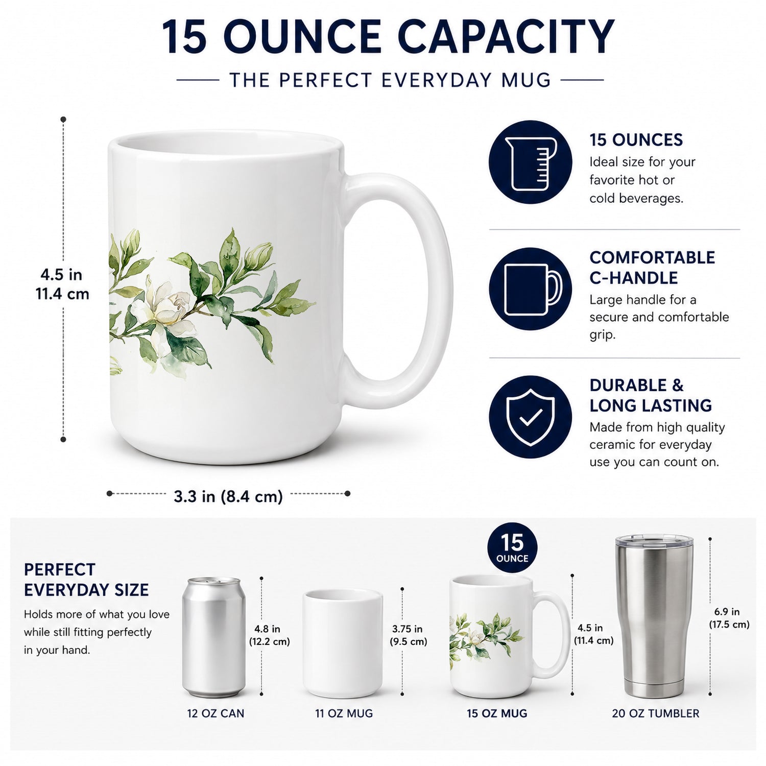Gardenias Ceramic Coffee Mug 15 oz Decorative Large C Handle Mug Cup for Tea, Cocoa Hot Chocolate