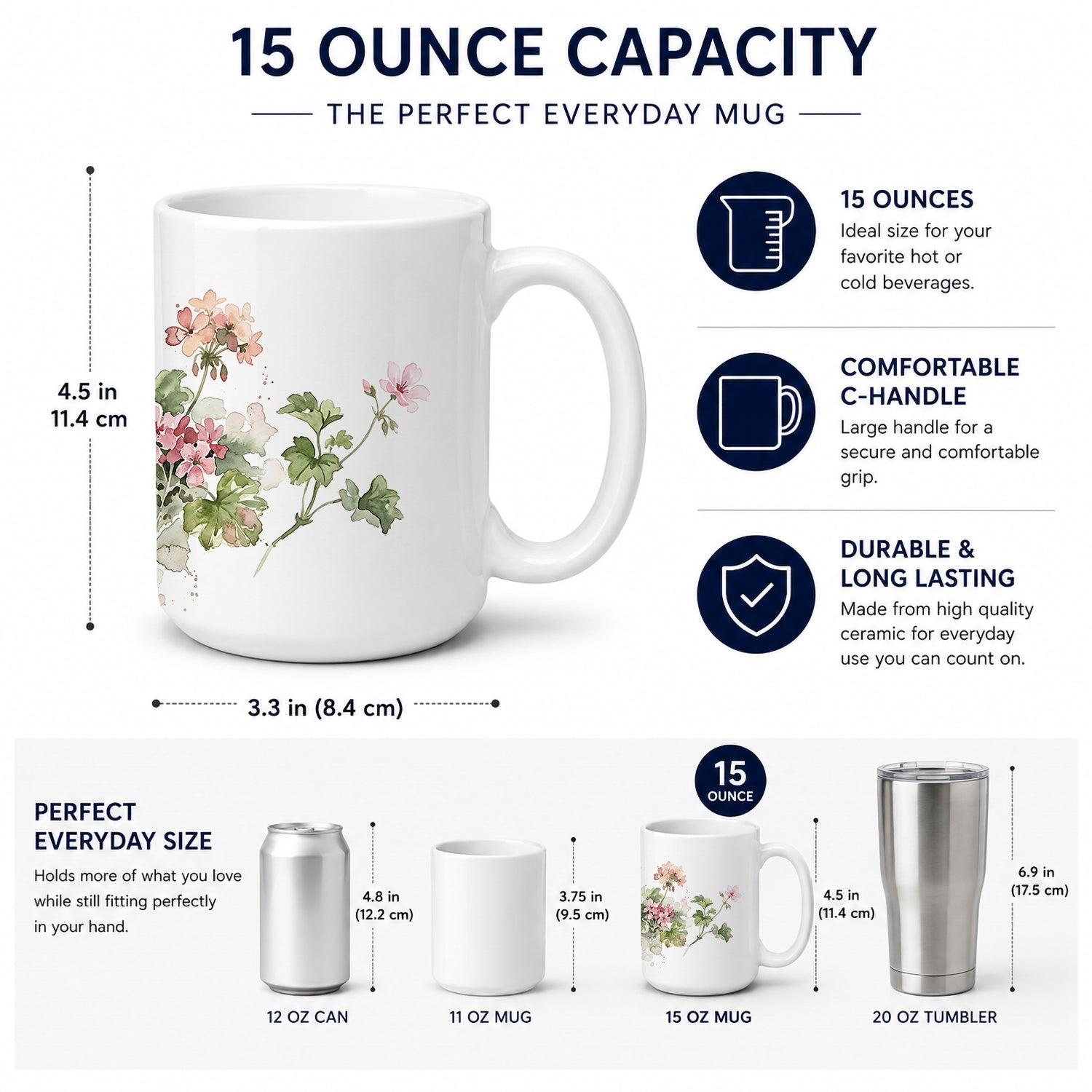 Geraniums Ceramic Coffee Mug 15 oz Decorative Large C Handle Mug Cup for Tea, Cocoa Hot Chocolate