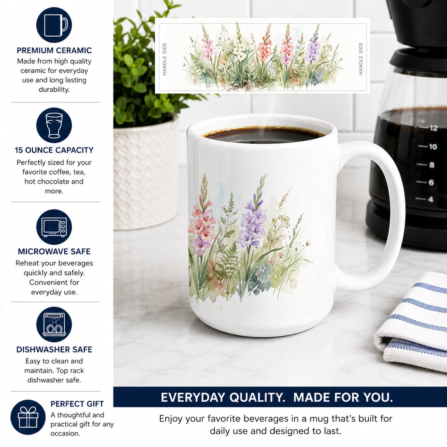 Gladiolus Ceramic Coffee Mug 15 oz Decorative Large C Handle Mug Cup for Tea, Cocoa Hot Chocolate