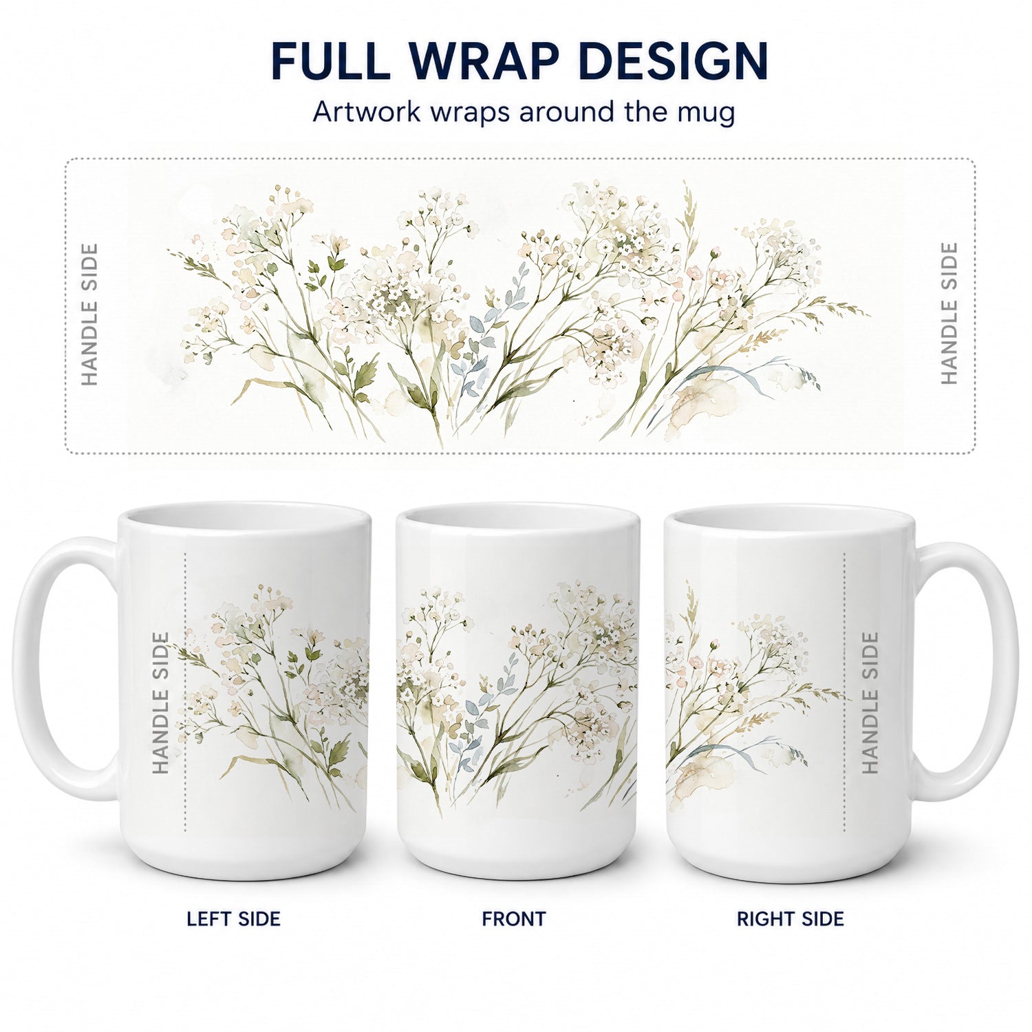 Gypsophila Ceramic Coffee Mug 15 oz Decorative Large C Handle Mug Cup for Tea, Cocoa Hot Chocolate