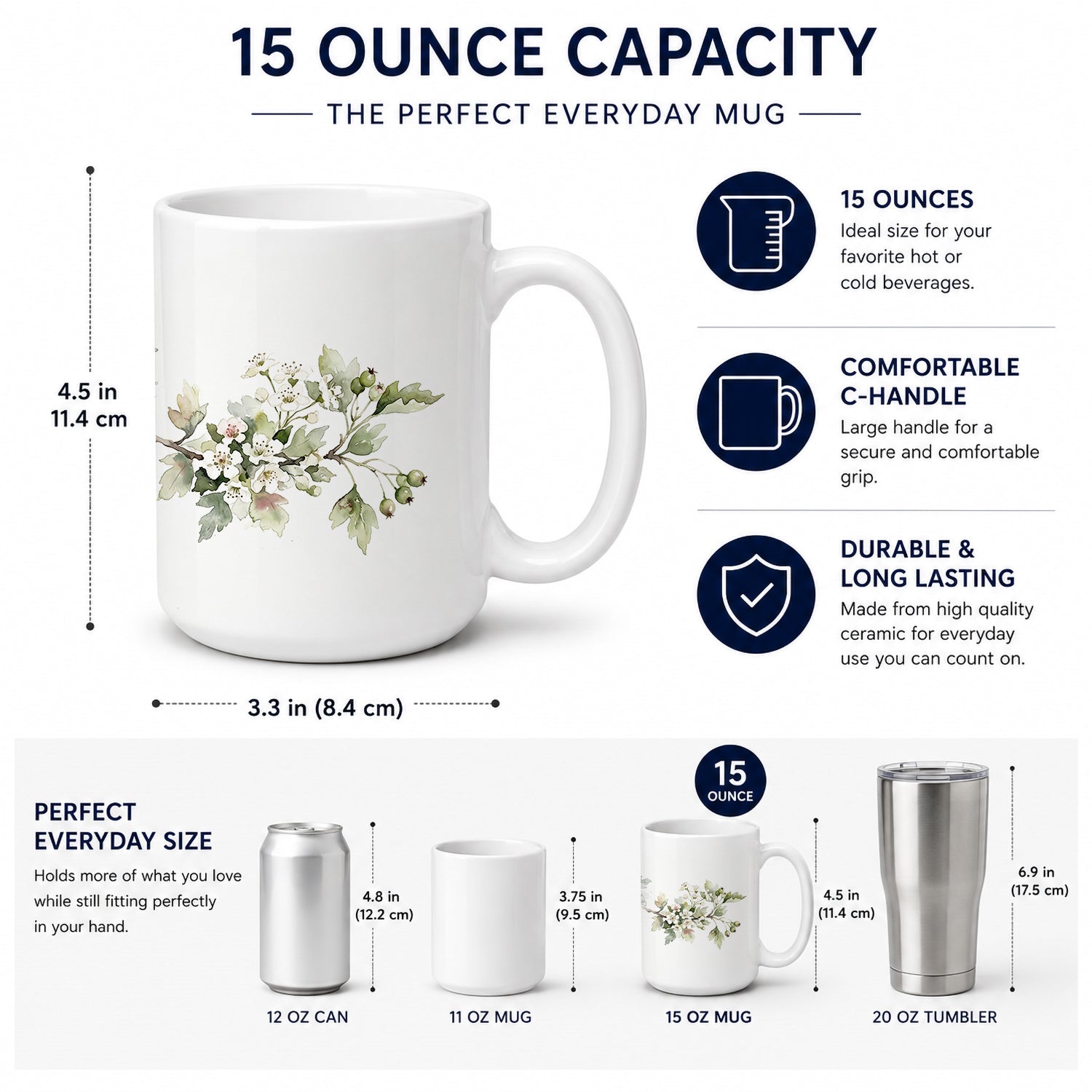 Hawthorns Ceramic Coffee Mug 15 oz Decorative Large C Handle Mug Cup for Tea, Cocoa Hot Chocolate