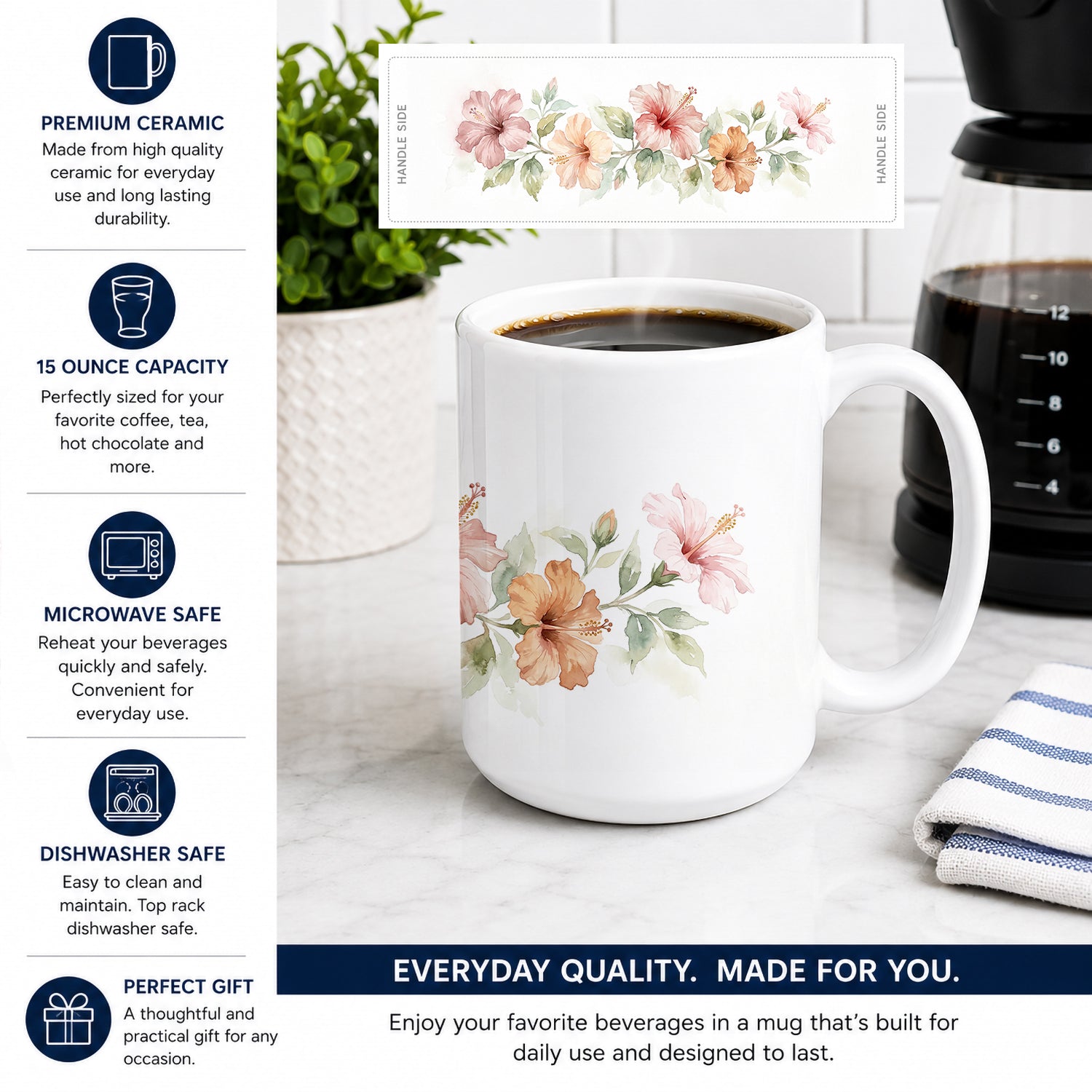 Hibiscus Ceramic Coffee Mug 15 oz Decorative Large C Handle Mug Cup for Tea, Cocoa Hot Chocolate