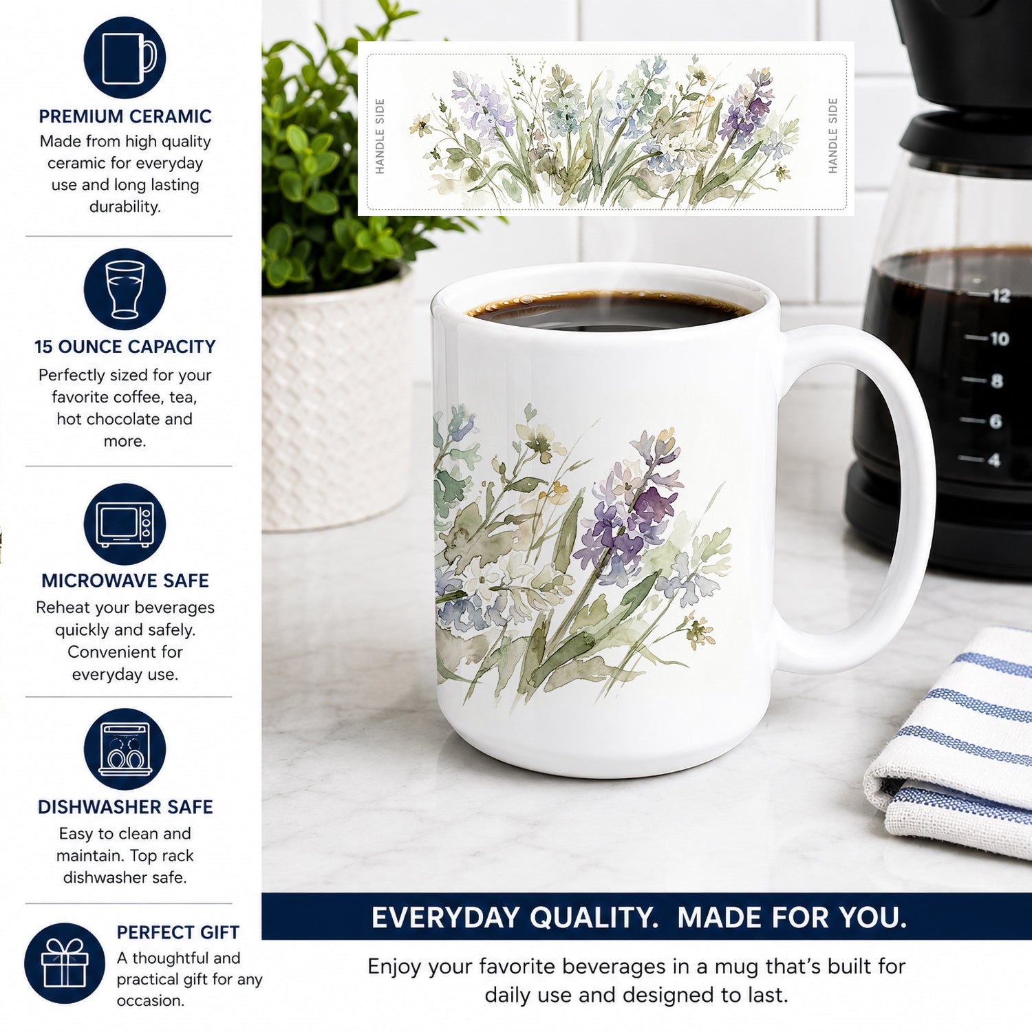 Hyacinths Ceramic Coffee Mug 15 oz Decorative Large C Handle Mug Cup for Tea, Cocoa Hot Chocolate