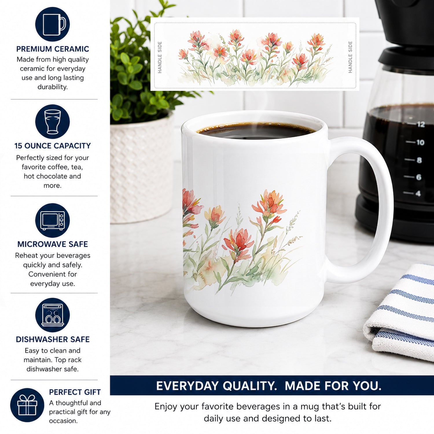 Indian Paintbrush Ceramic Coffee Mug 15 oz Decorative Large C Handle Mug Cup for Tea, Cocoa Hot Chocolate