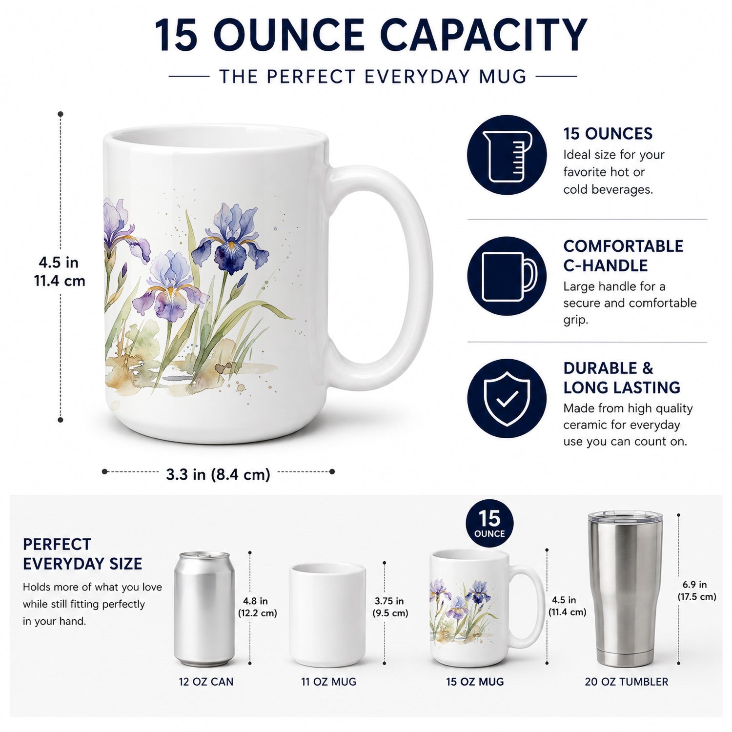 Iris Ceramic Coffee Mug 15 oz Decorative Large C Handle Mug Cup for Tea, Cocoa Hot Chocolate