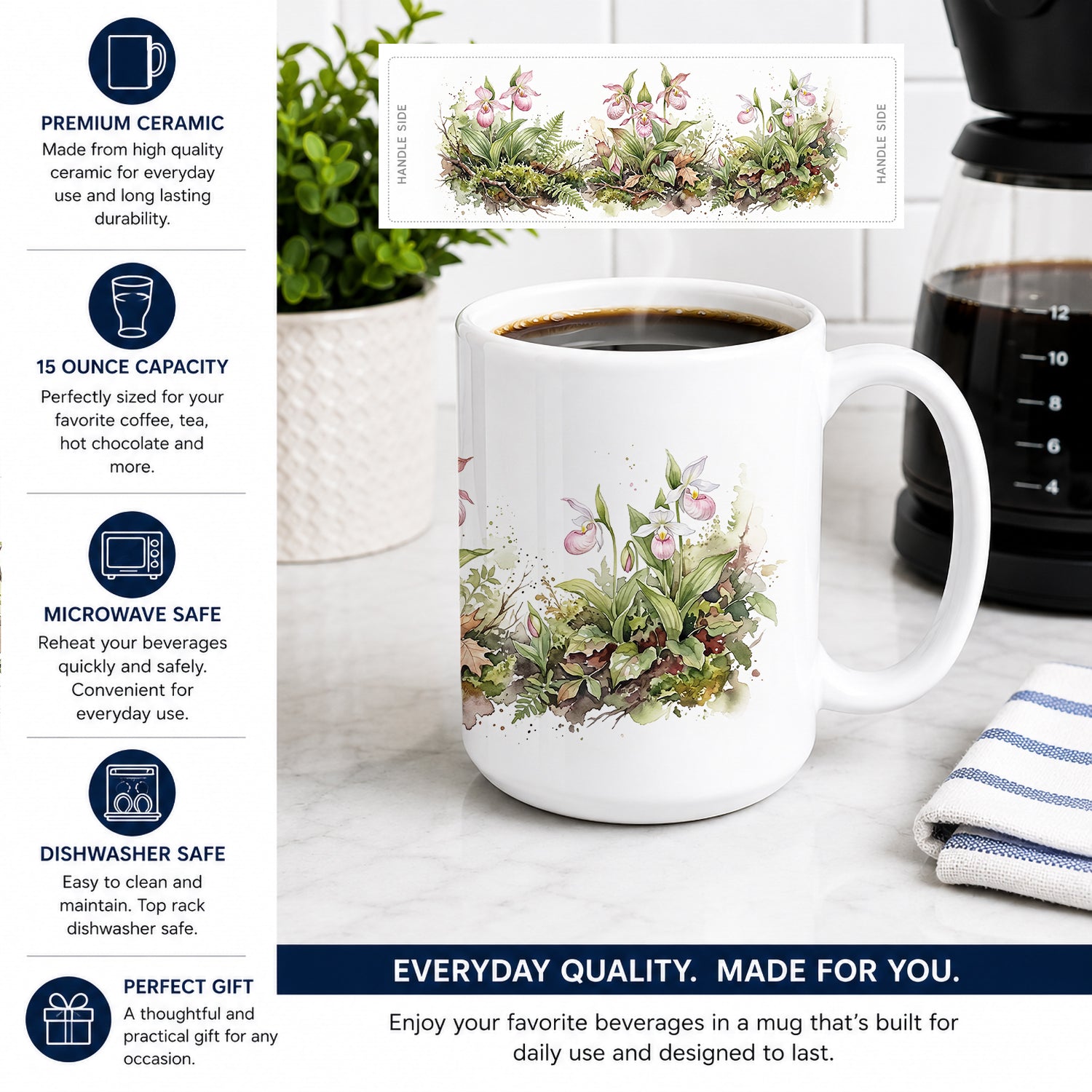 Lady's Slippers Ceramic Coffee Mug 15 oz Decorative Large C Handle Mug Cup for Tea, Cocoa Hot Chocolate