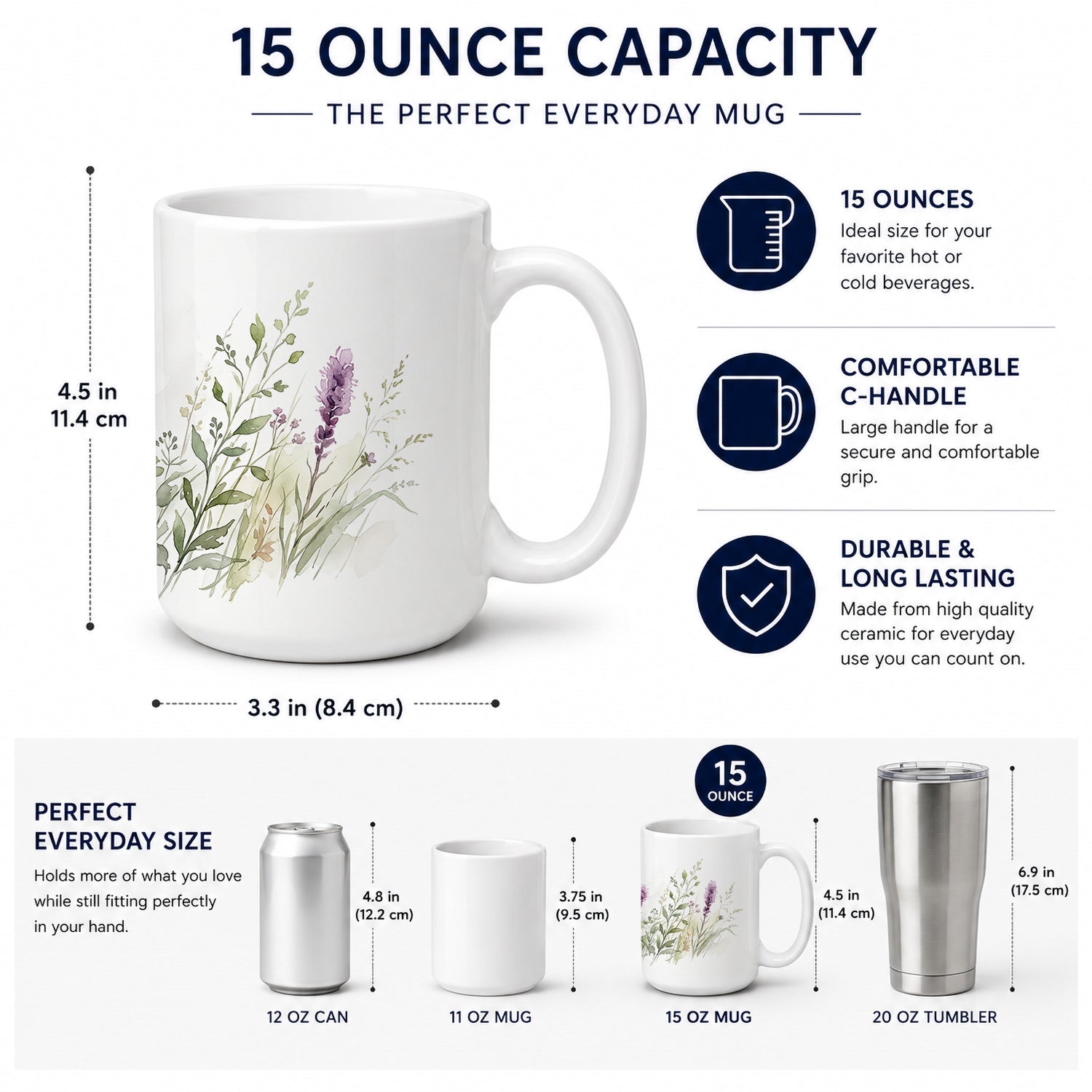 Liatris Ceramic Coffee Mug 15 oz Decorative Large C Handle Mug Cup for Tea, Cocoa Hot Chocolate