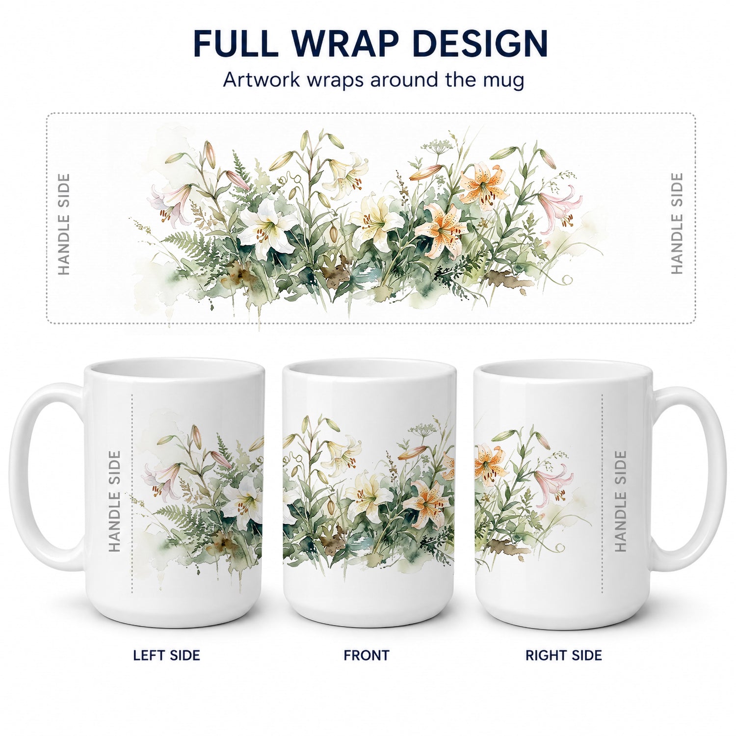 Lilies Ceramic Coffee Mug 15 oz Decorative Large C Handle Mug Cup for Tea, Cocoa Hot Chocolate