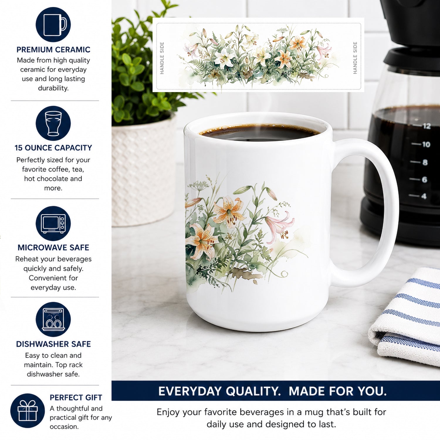 Lilies Ceramic Coffee Mug 15 oz Decorative Large C Handle Mug Cup for Tea, Cocoa Hot Chocolate