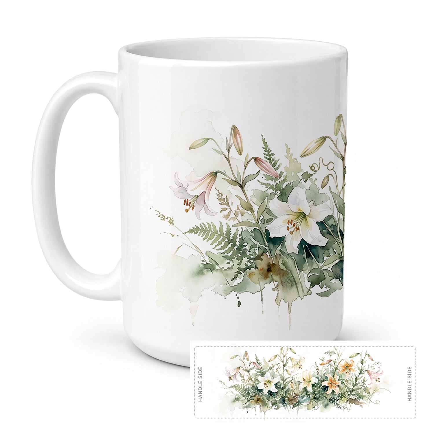 Lilies Ceramic Coffee Mug 15 oz Decorative Large C Handle Mug Cup for Tea, Cocoa Hot Chocolate