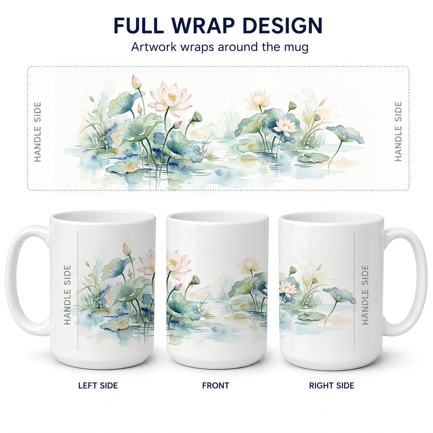 Lotus Ceramic Coffee Mug 15 oz Decorative Large C Handle Mug Cup for Tea, Cocoa Hot Chocolate