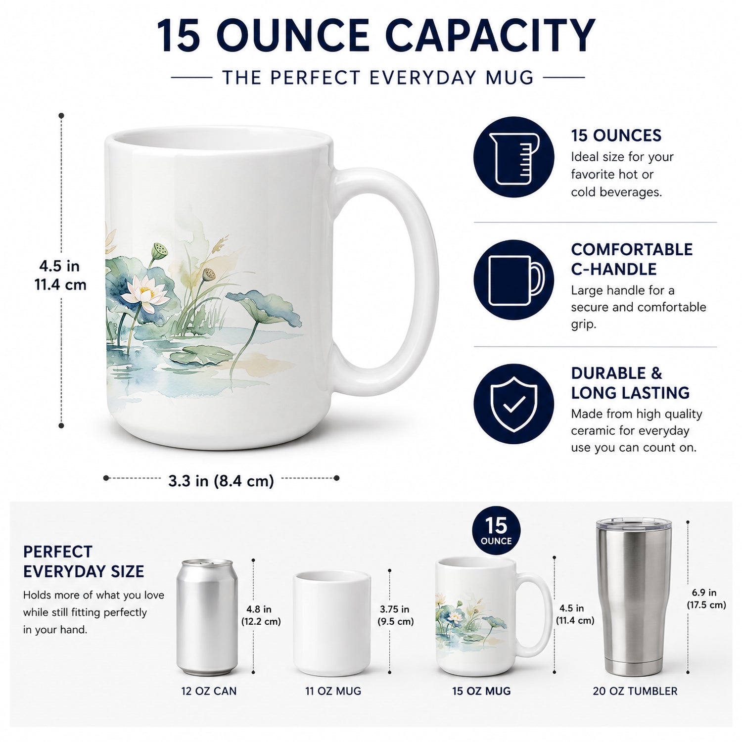 Lotus Ceramic Coffee Mug 15 oz Decorative Large C Handle Mug Cup for Tea, Cocoa Hot Chocolate