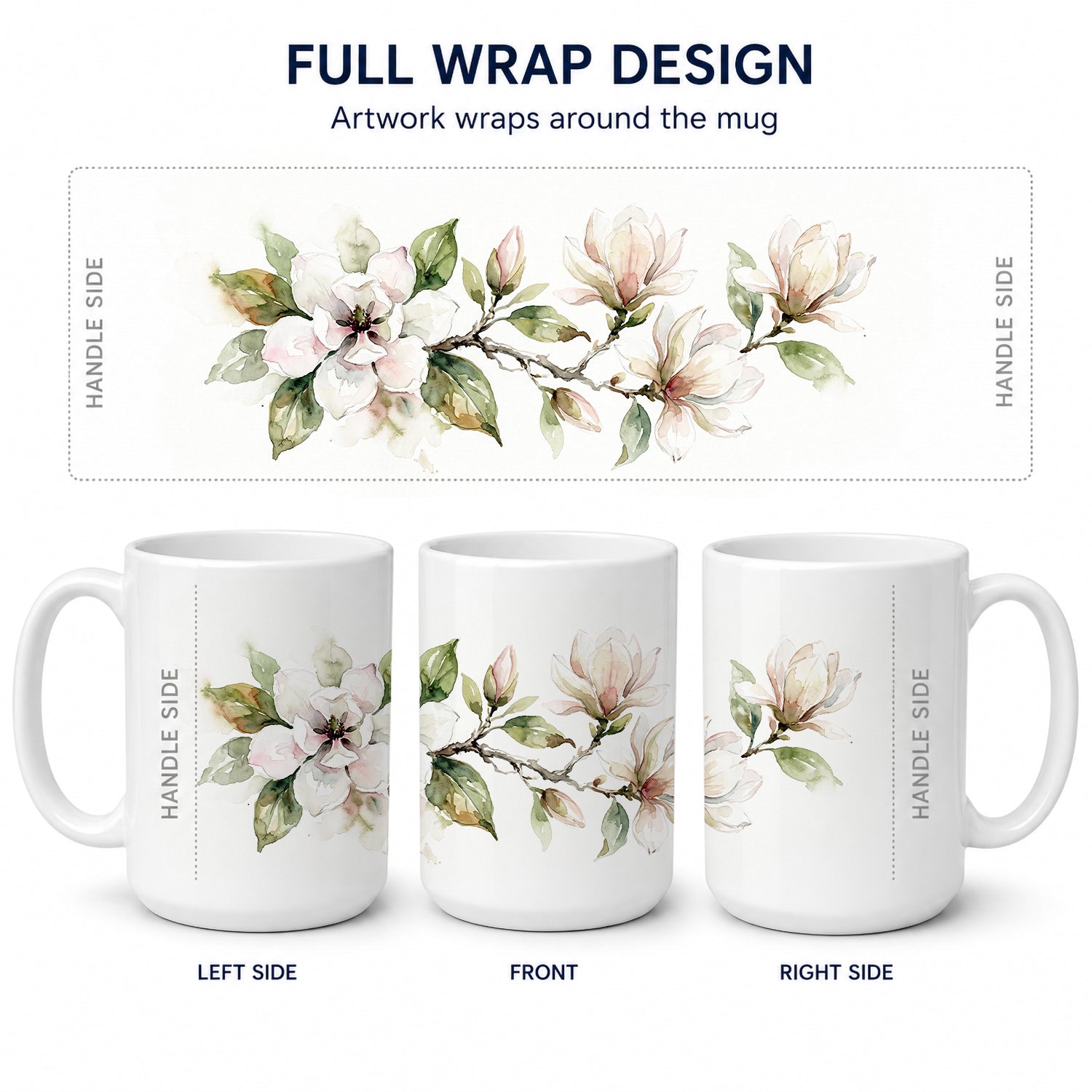 Magnolias Ceramic Coffee Mug 15 oz Decorative Large C Handle Mug Cup for Tea, Cocoa Hot Chocolate