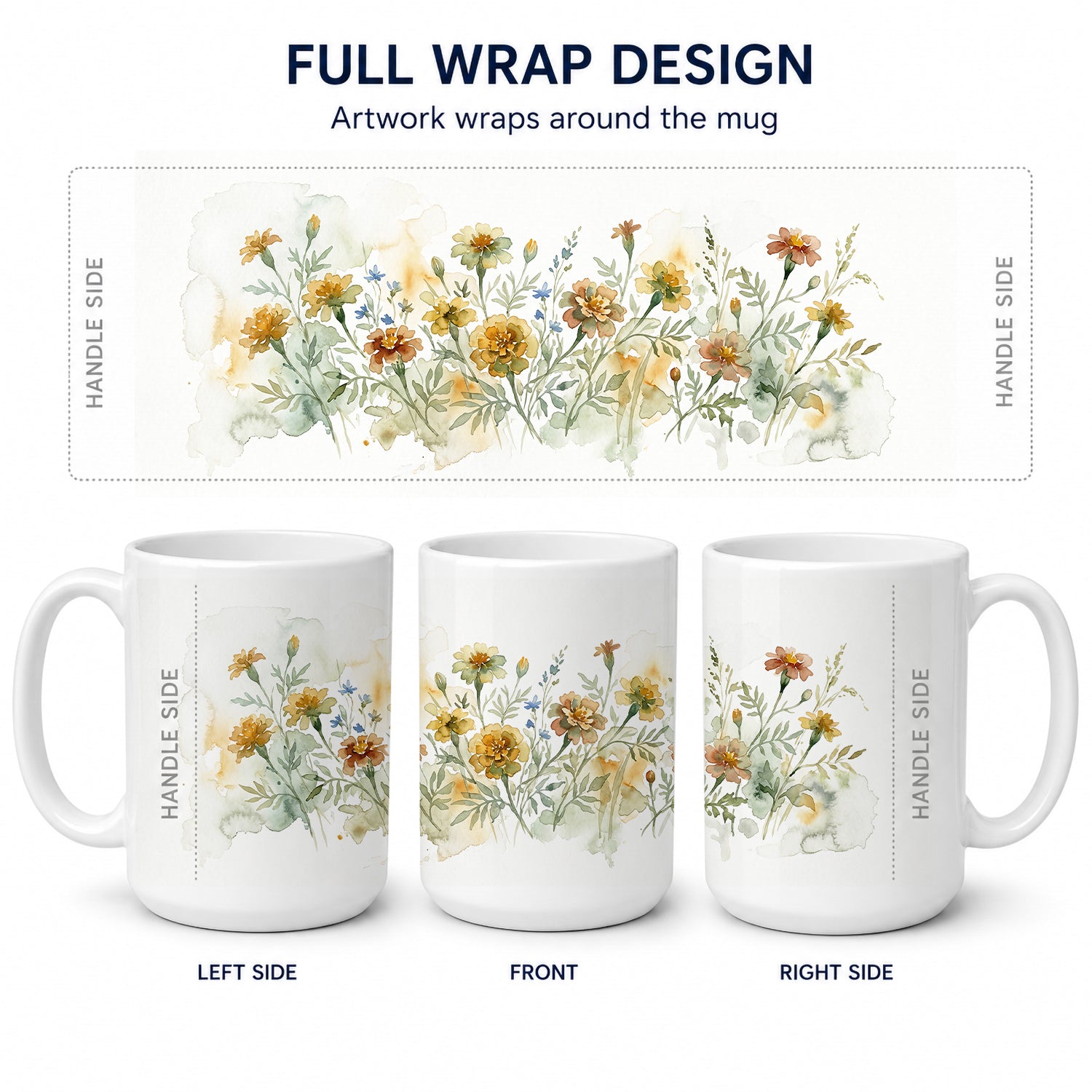 Marigolds Ceramic Coffee Mug 15 oz Decorative Large C Handle Mug Cup for Tea, Cocoa Hot Chocolate