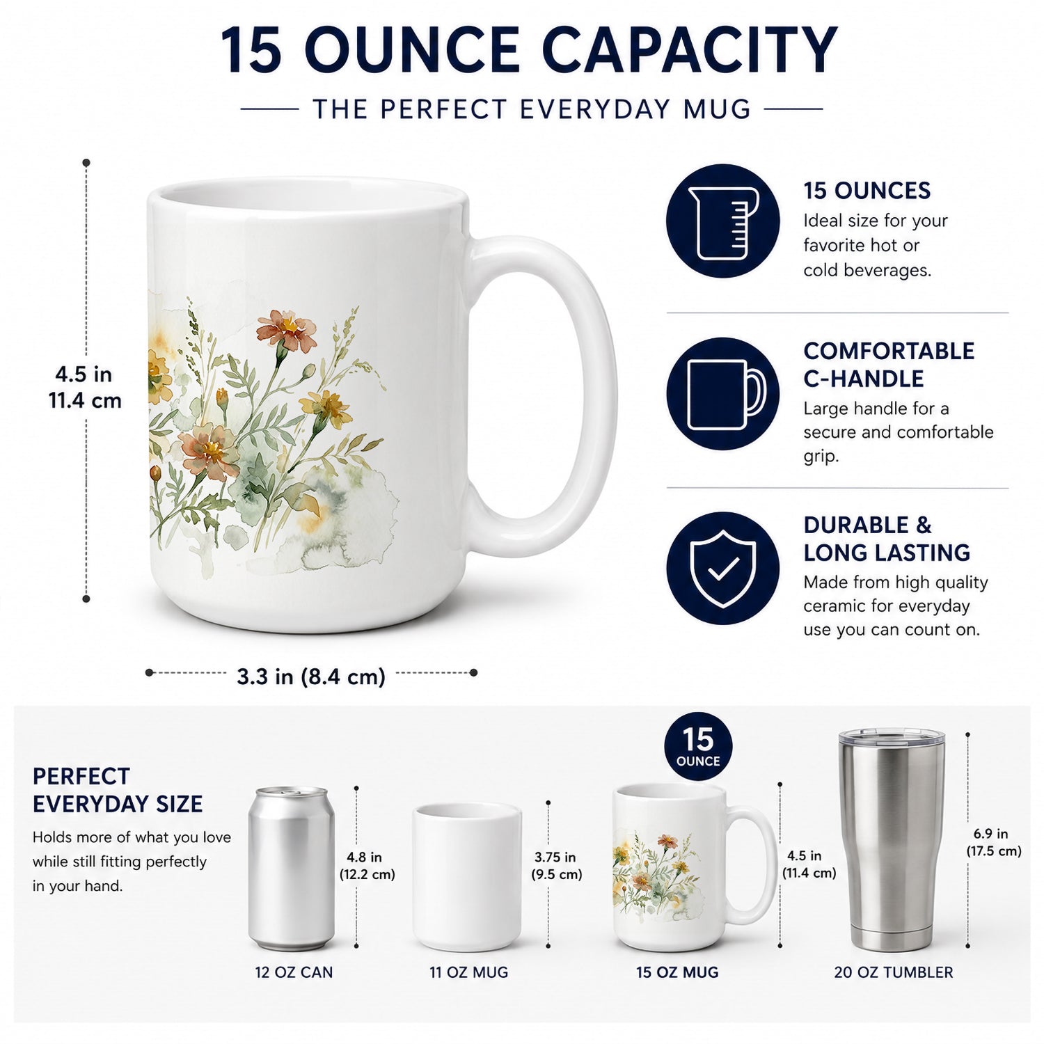 Marigolds Ceramic Coffee Mug 15 oz Decorative Large C Handle Mug Cup for Tea, Cocoa Hot Chocolate