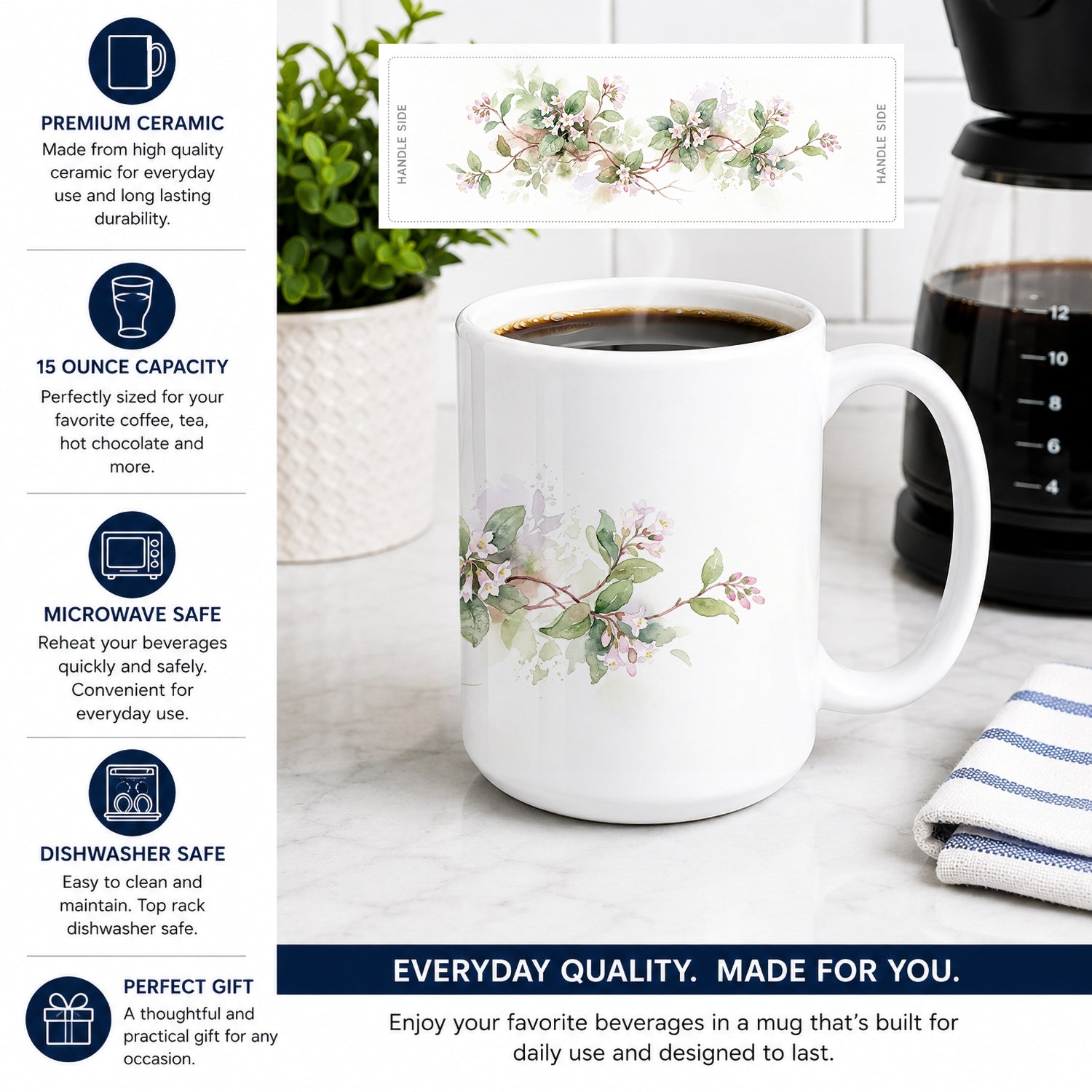 Mayflowers Ceramic Coffee Mug 15 oz Decorative Large C Handle Mug Cup for Tea, Cocoa Hot Chocolate