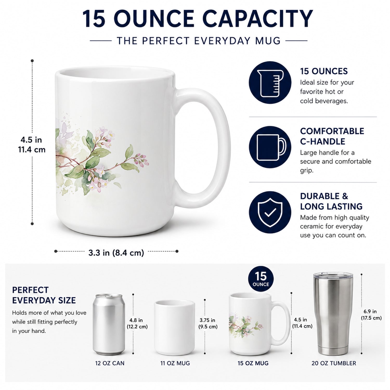 Mayflowers Ceramic Coffee Mug 15 oz Decorative Large C Handle Mug Cup for Tea, Cocoa Hot Chocolate
