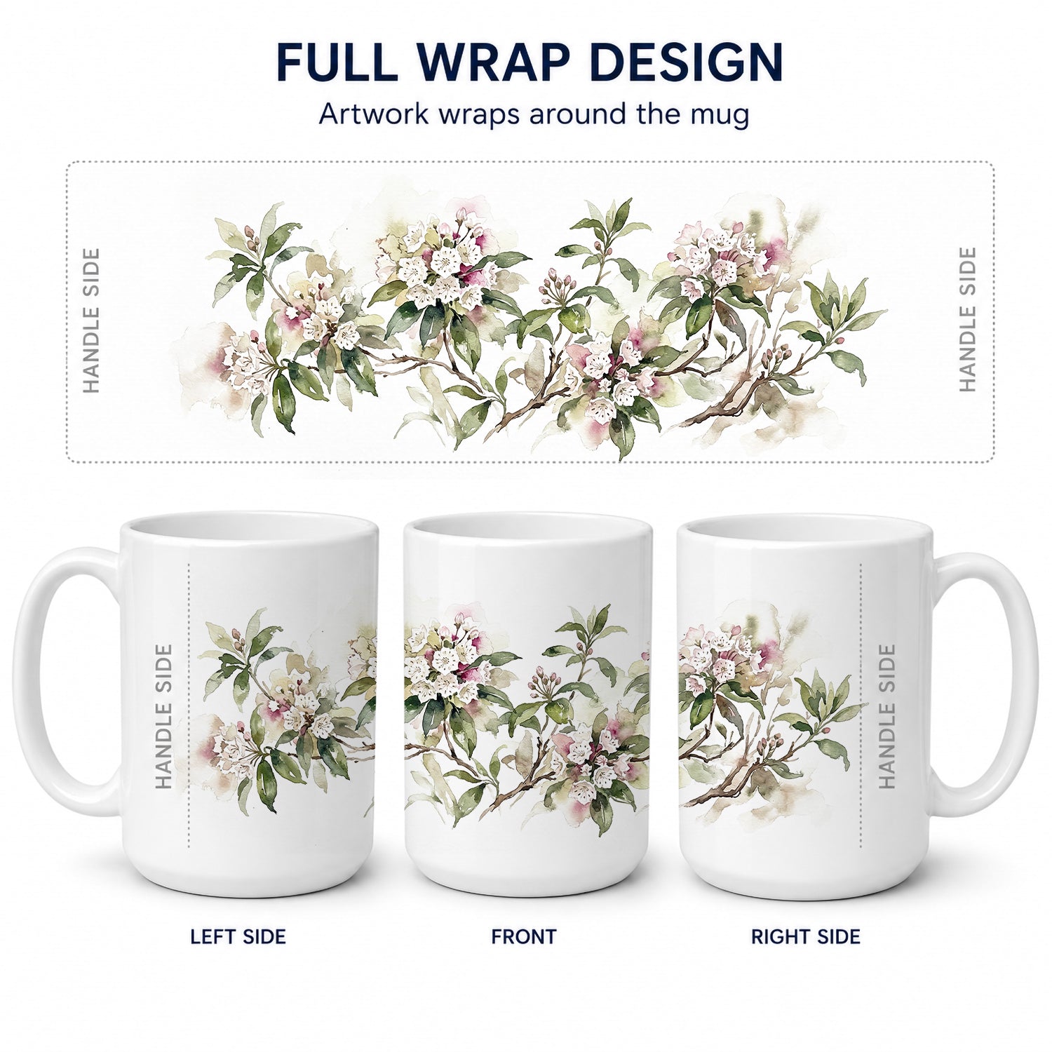 Mountain Laurels Ceramic Coffee Mug 15 oz Decorative Large C Handle Mug Cup for Tea, Cocoa Hot Chocolate