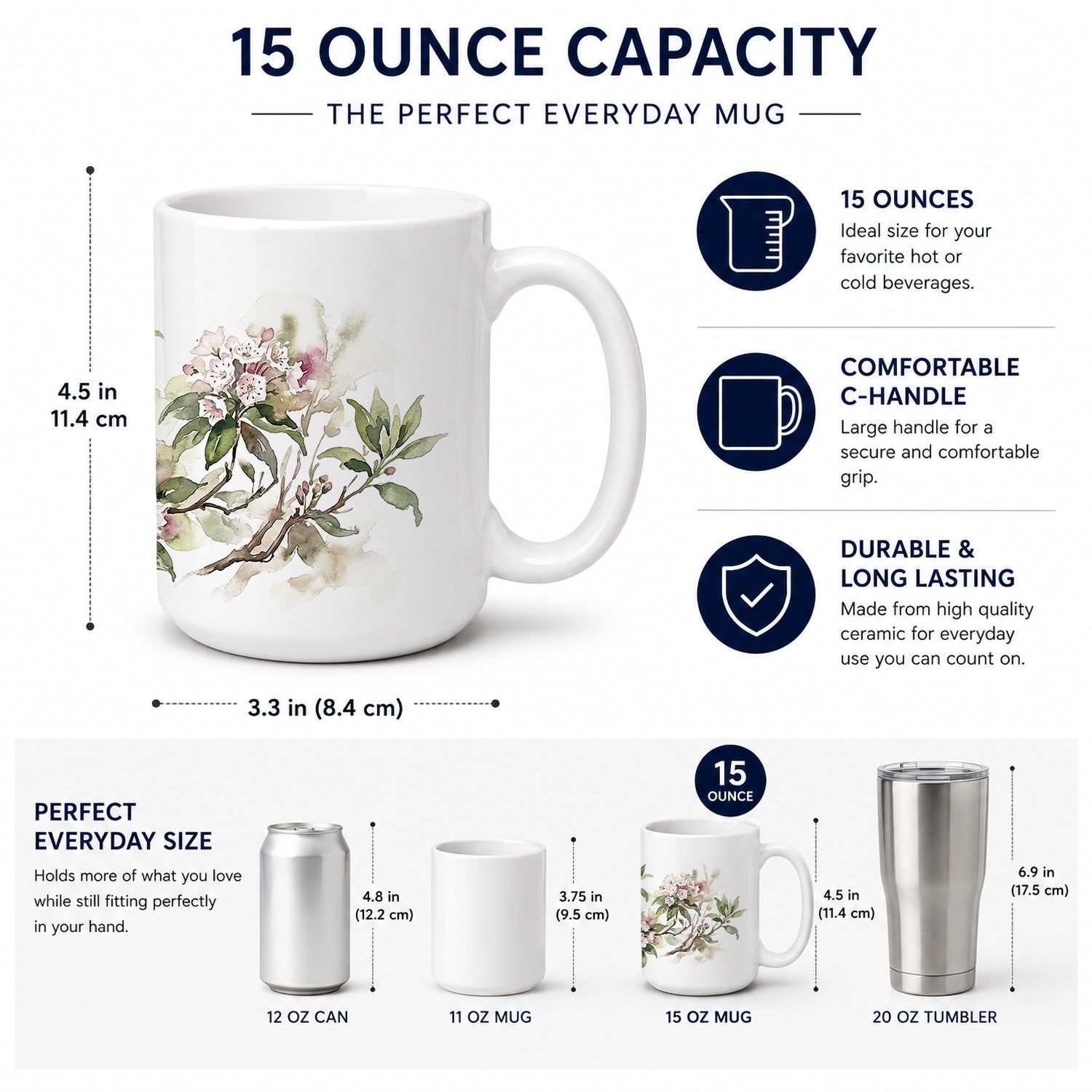 Mountain Laurels Ceramic Coffee Mug 15 oz Decorative Large C Handle Mug Cup for Tea, Cocoa Hot Chocolate