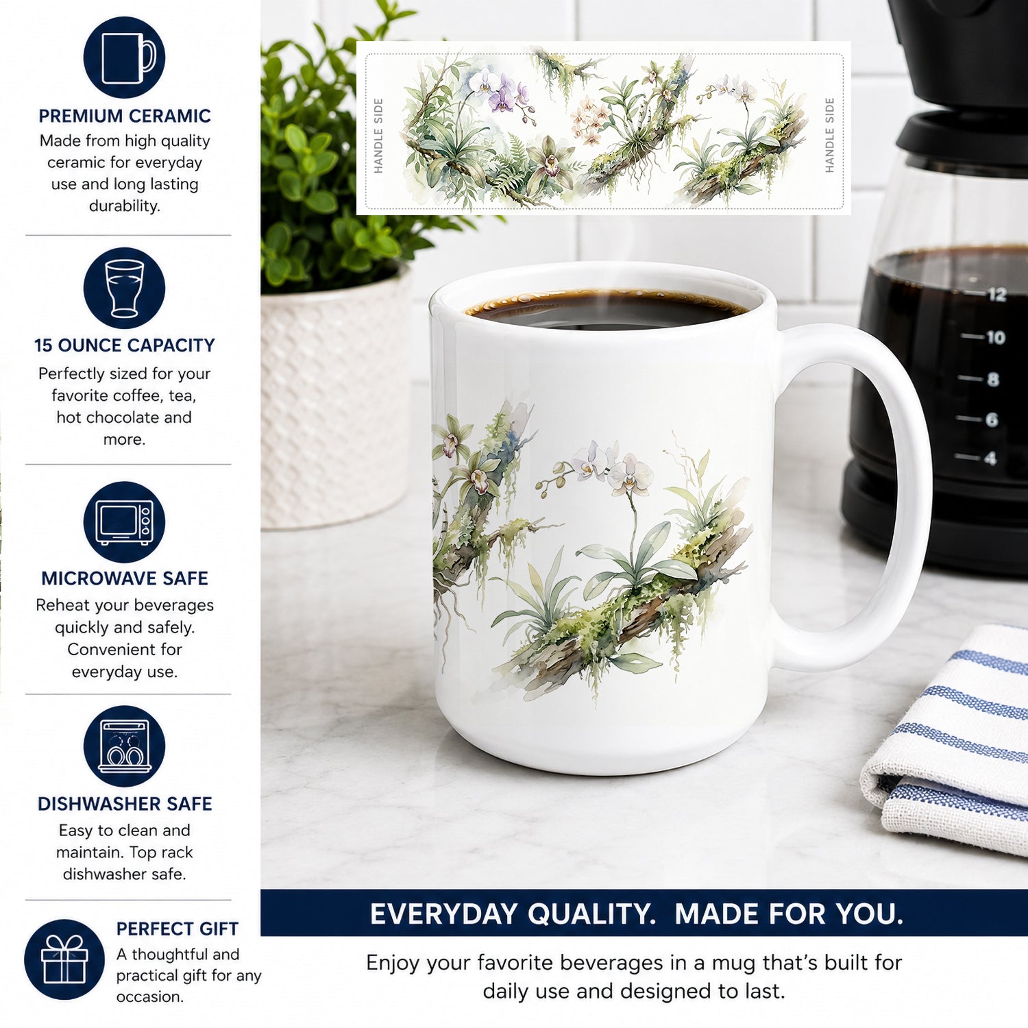 Orchids Ceramic Coffee Mug 15 oz Decorative Large C Handle Mug Cup for Tea, Cocoa Hot Chocolate