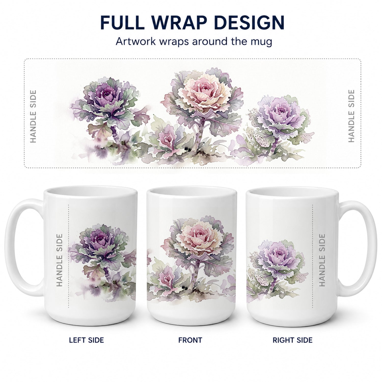 Ornamental Kale Ceramic Coffee Mug 15 oz Decorative Large C Handle Mug Cup for Tea, Cocoa Hot Chocolate