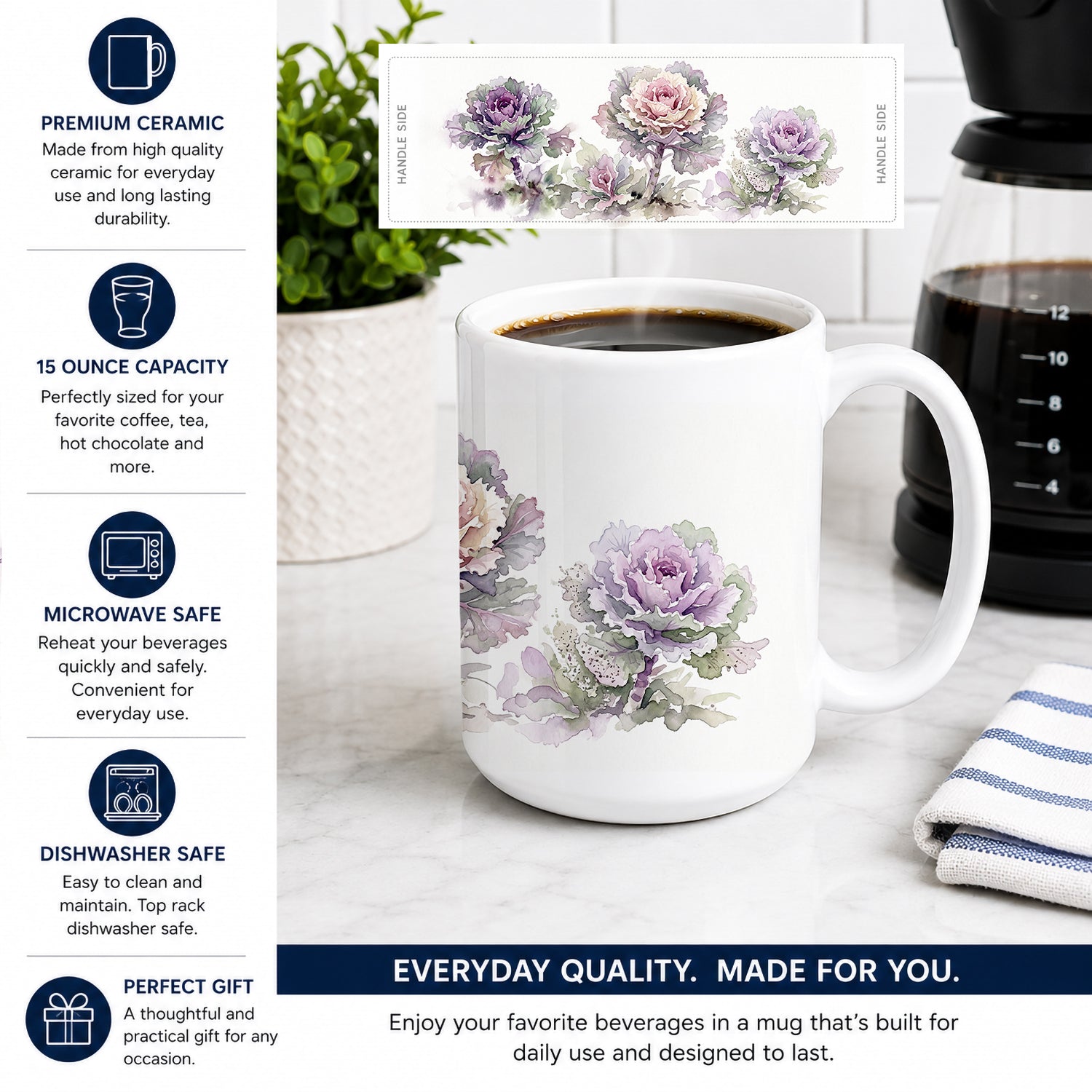 Ornamental Kale Ceramic Coffee Mug 15 oz Decorative Large C Handle Mug Cup for Tea, Cocoa Hot Chocolate
