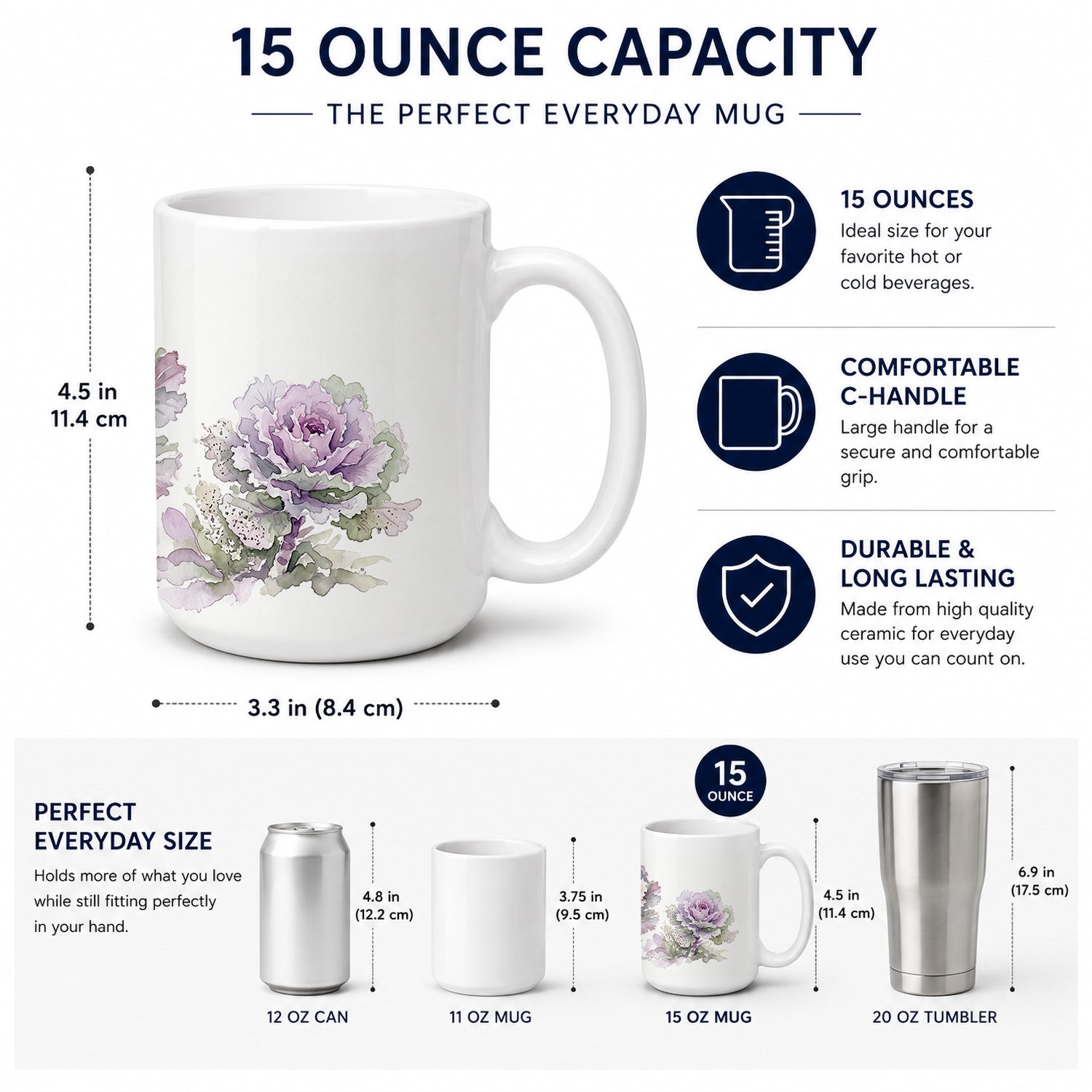 Ornamental Kale Ceramic Coffee Mug 15 oz Decorative Large C Handle Mug Cup for Tea, Cocoa Hot Chocolate
