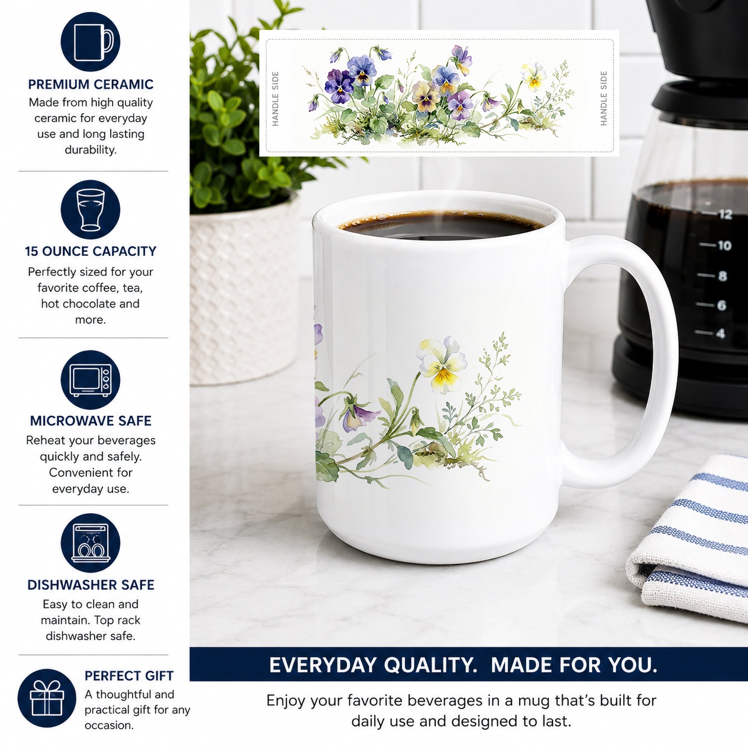 Pansies Ceramic Coffee Mug 15 oz Decorative Large C Handle Mug Cup for Tea, Cocoa Hot Chocolate