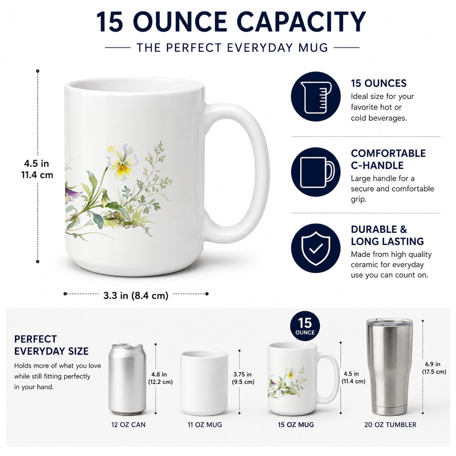 Pansies Ceramic Coffee Mug 15 oz Decorative Large C Handle Mug Cup for Tea, Cocoa Hot Chocolate