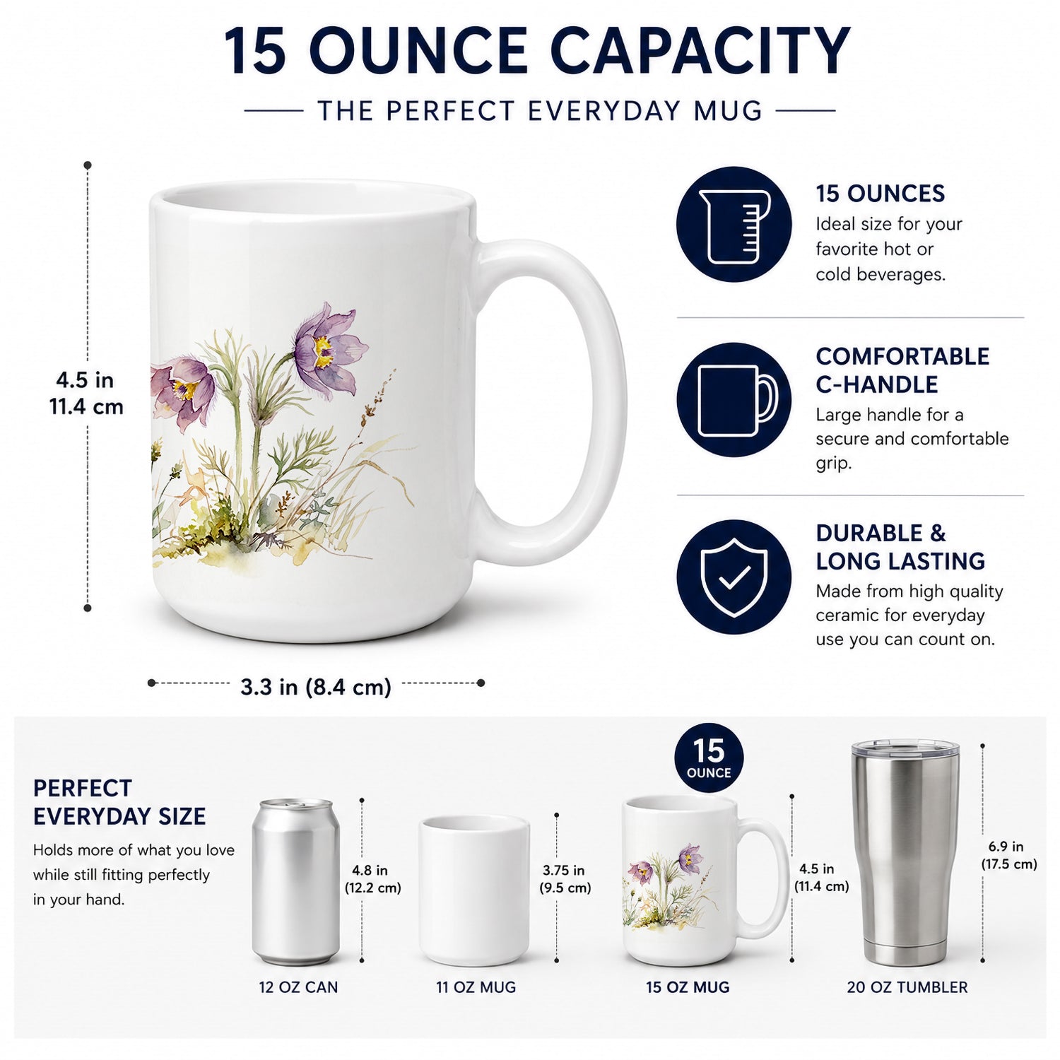 Pasque Flowers Ceramic Coffee Mug 15 oz Decorative Large C Handle Mug Cup for Tea, Cocoa Hot Chocolate