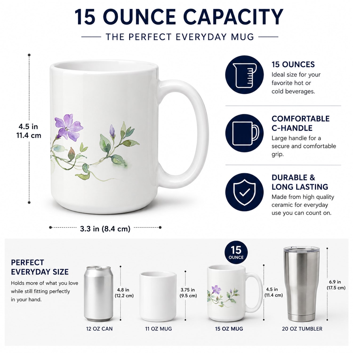 Periwinkles Ceramic Coffee Mug 15 oz Decorative Large C Handle Mug Cup for Tea, Cocoa Hot Chocolate